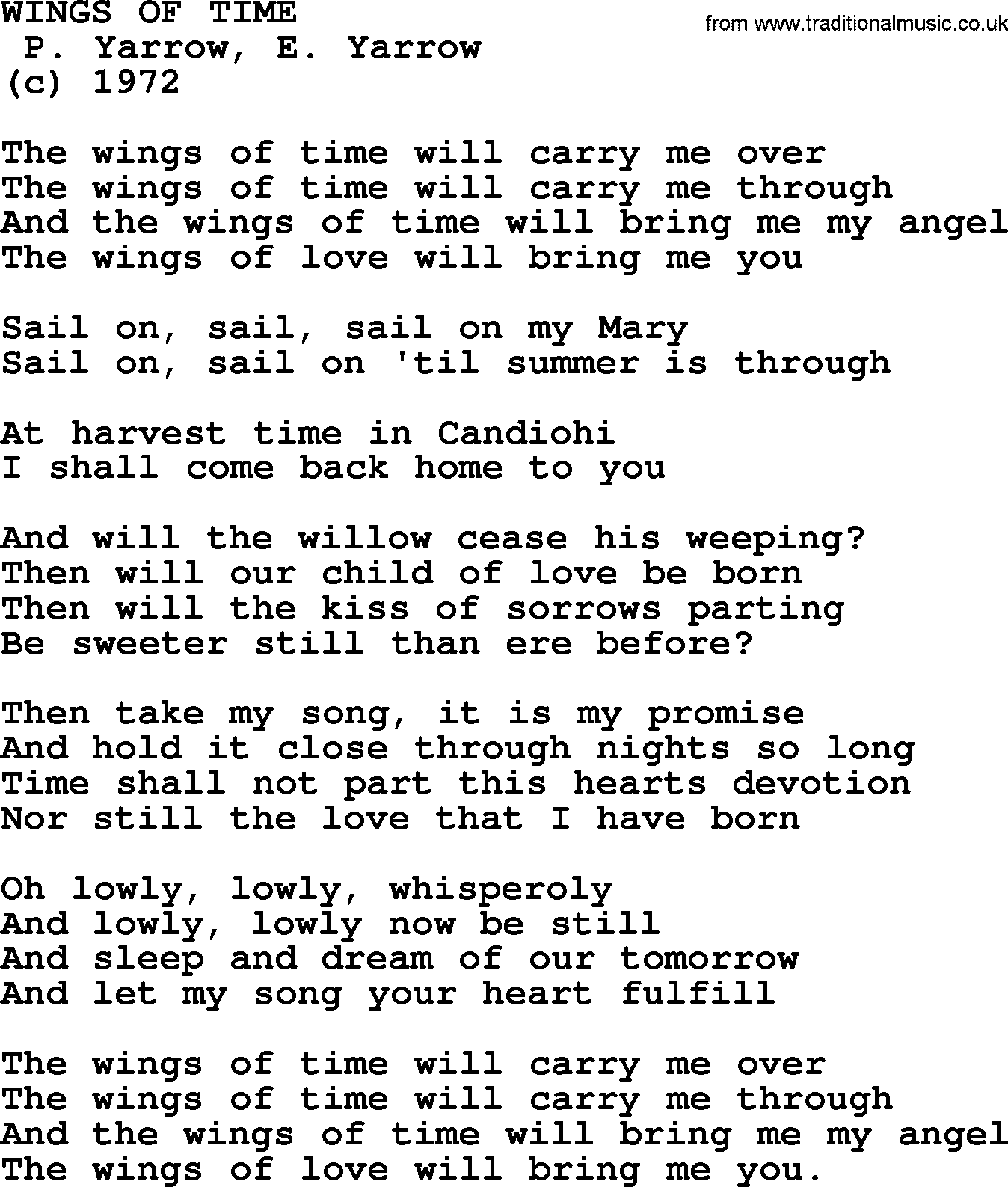 Peter, Paul and Mary song Wings Of Time lyrics