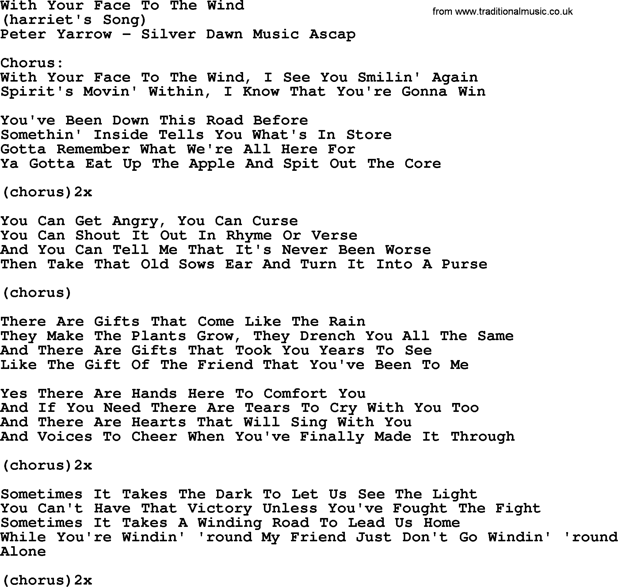 Peter, Paul and Mary song With Your Face To The Wind, lyrics and chords