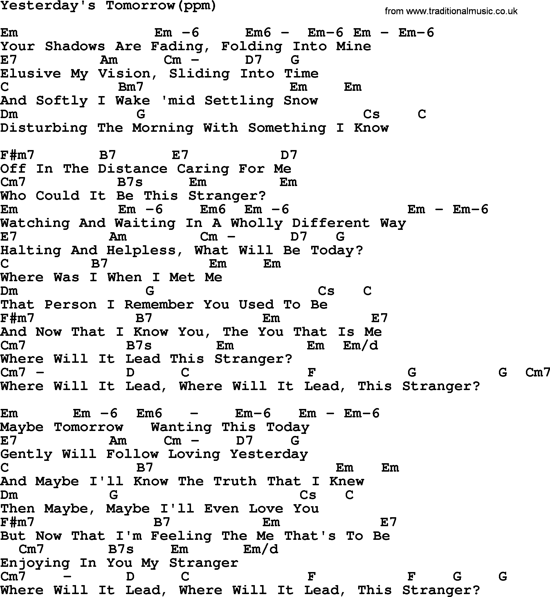 Peter, Paul and Mary song Yesterdays Tomorrow, lyrics and chords