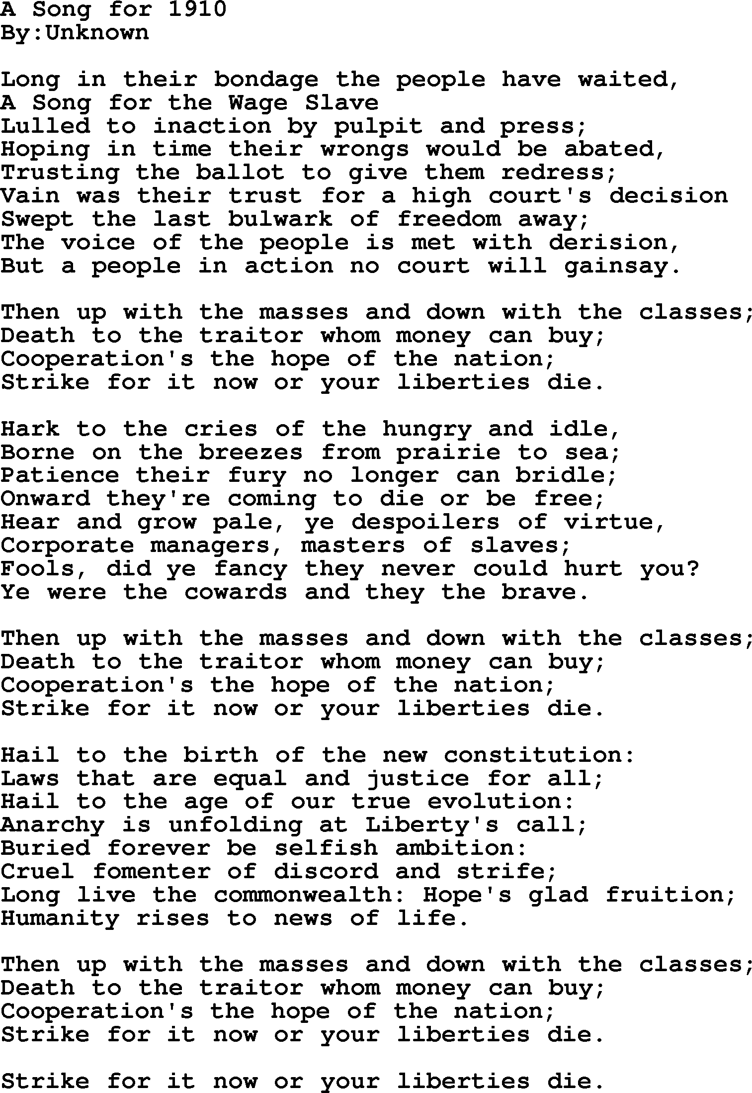 Political, Solidarity, Workers or Union song: A Song For 1910, lyrics