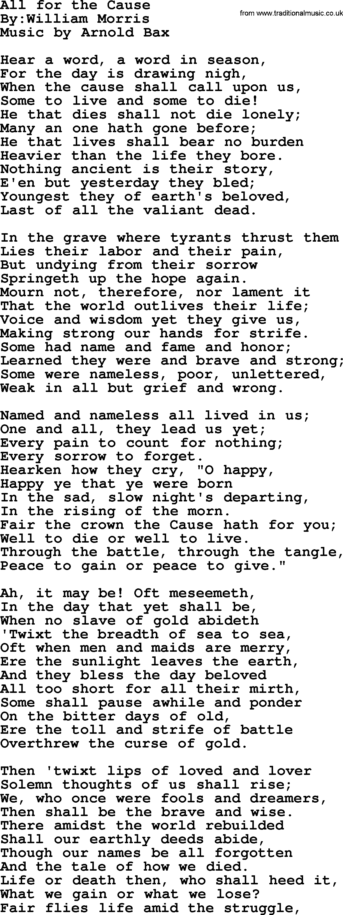 Political, Solidarity, Workers or Union song: All For The Cause, lyrics