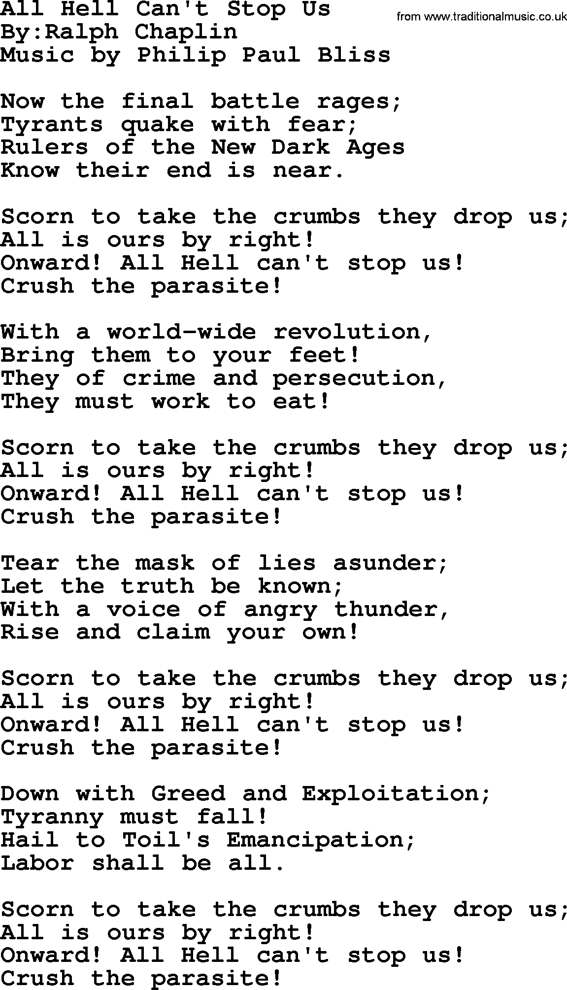 Political, Solidarity, Workers or Union song: All Hell Cant Stop Us, lyrics