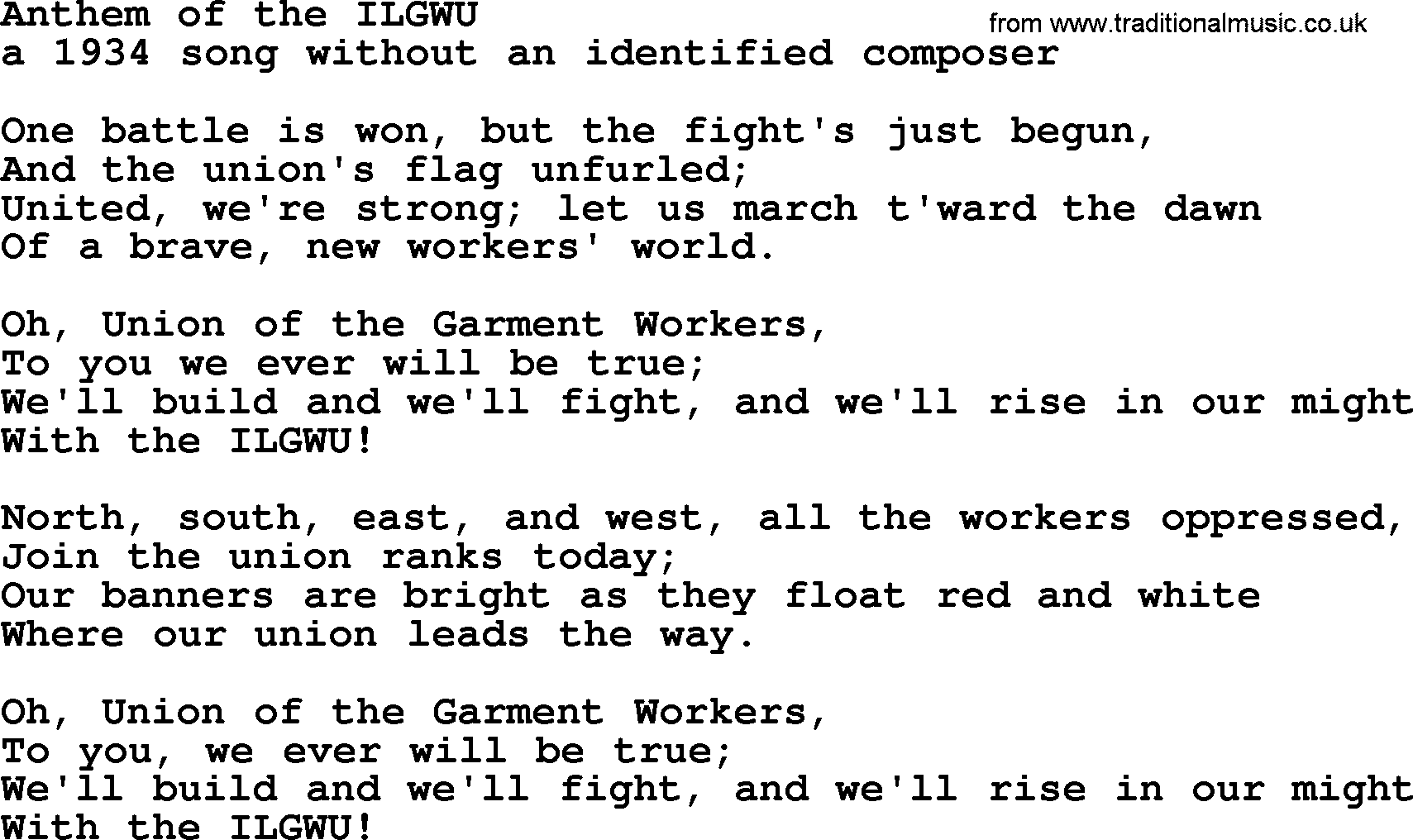 Political, Solidarity, Workers or Union song: Anthem Of The Ilgwu, lyrics