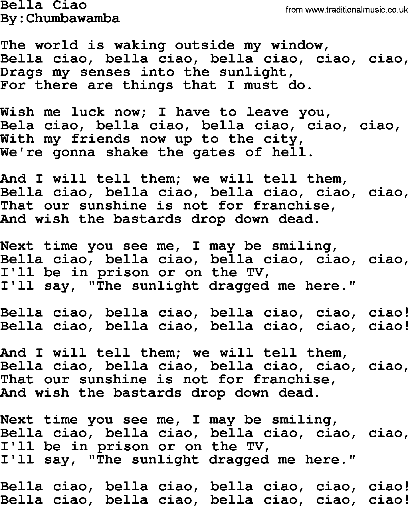 Political, Solidarity, Workers or Union song: Bella Ciao, lyrics