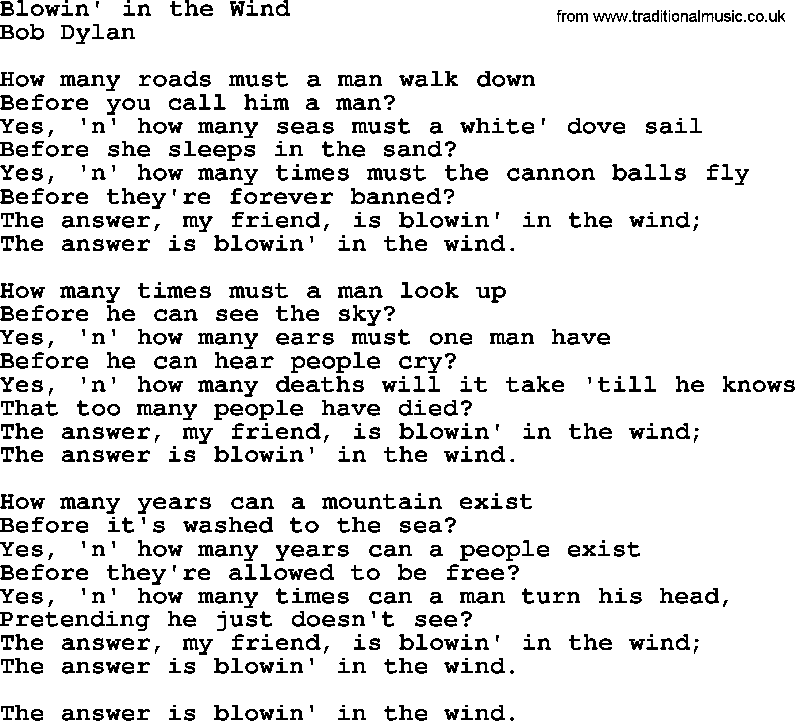 Political, Solidarity, Workers or Union song: Blowin In The Wind, lyrics