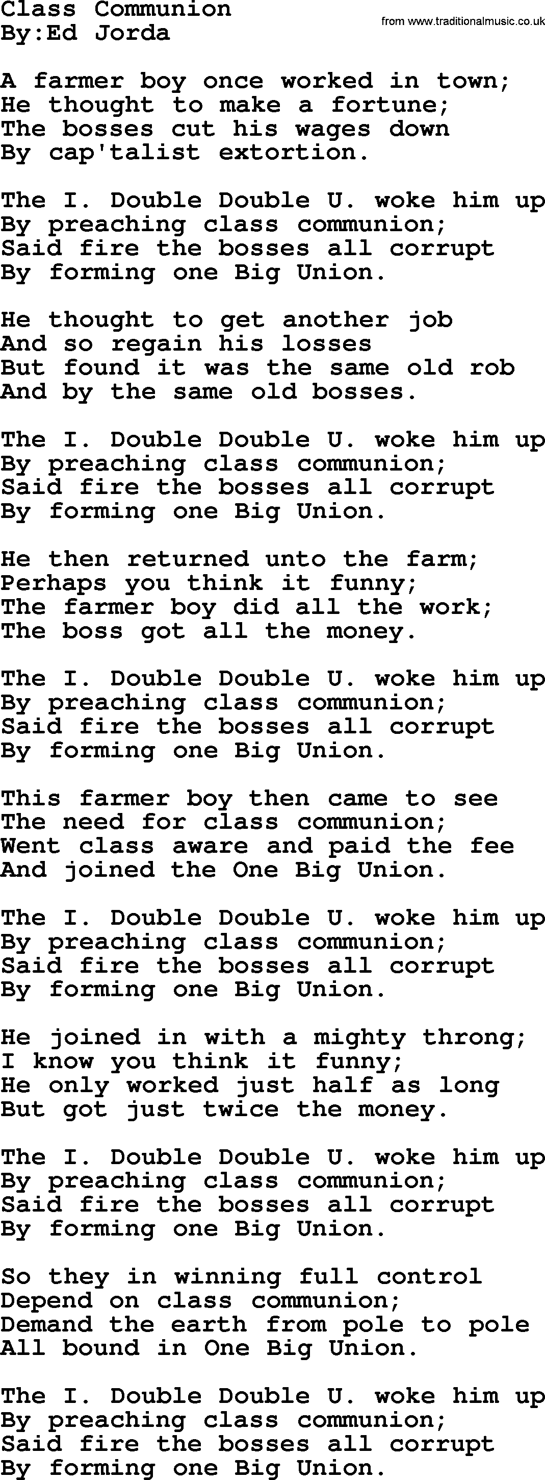 Political, Solidarity, Workers or Union song: Class Communion, lyrics