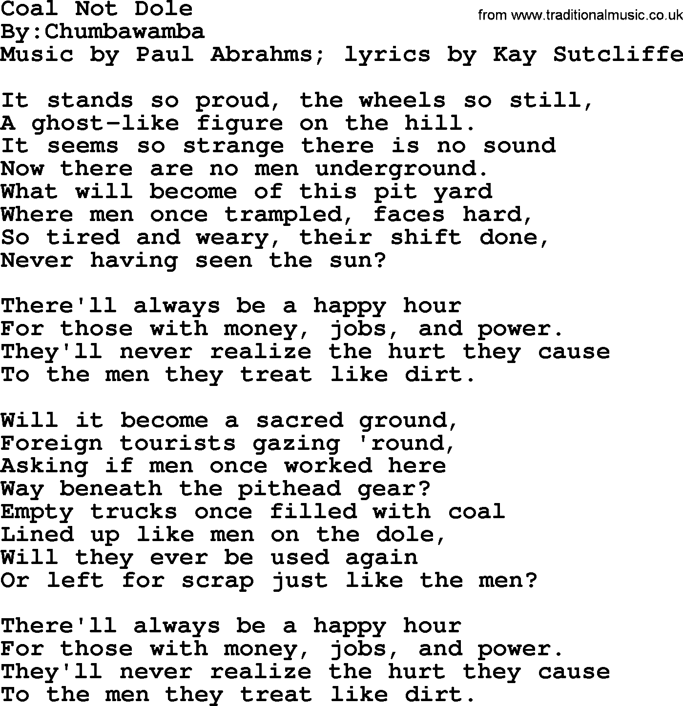 Political, Solidarity, Workers or Union song: Coal Not Dole, lyrics