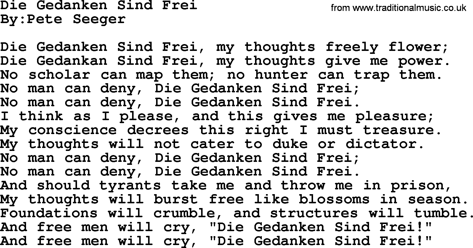 Political, Solidarity, Workers or Union song: Die Gedanken Sind Frei, lyrics