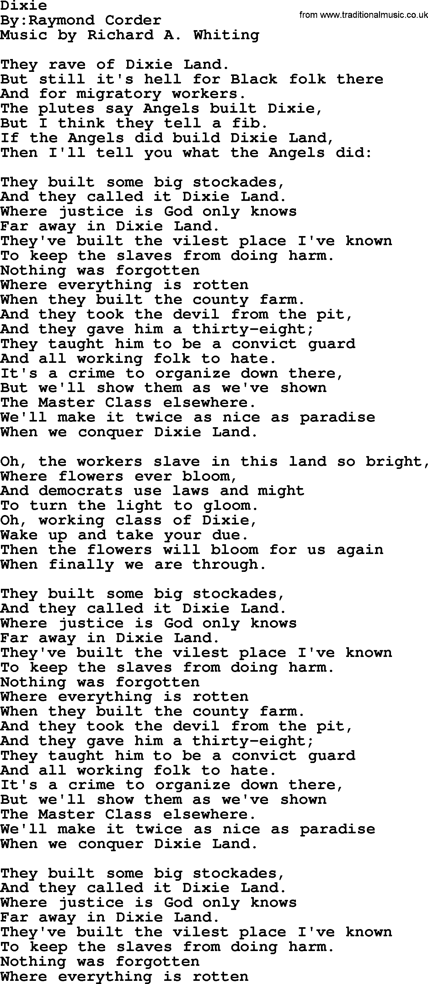 Political, Solidarity, Workers or Union song: Dixie, lyrics