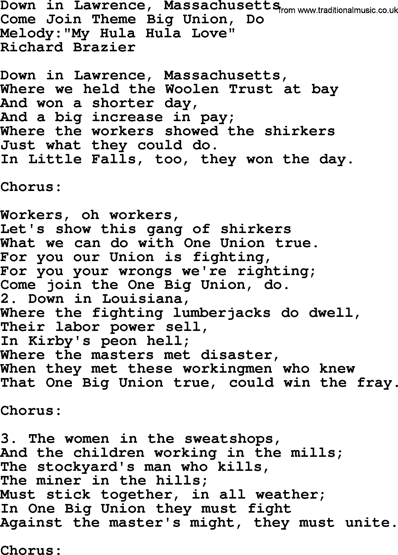 Political, Solidarity, Workers or Union song: Down In Lawrence Massachusetts, lyrics