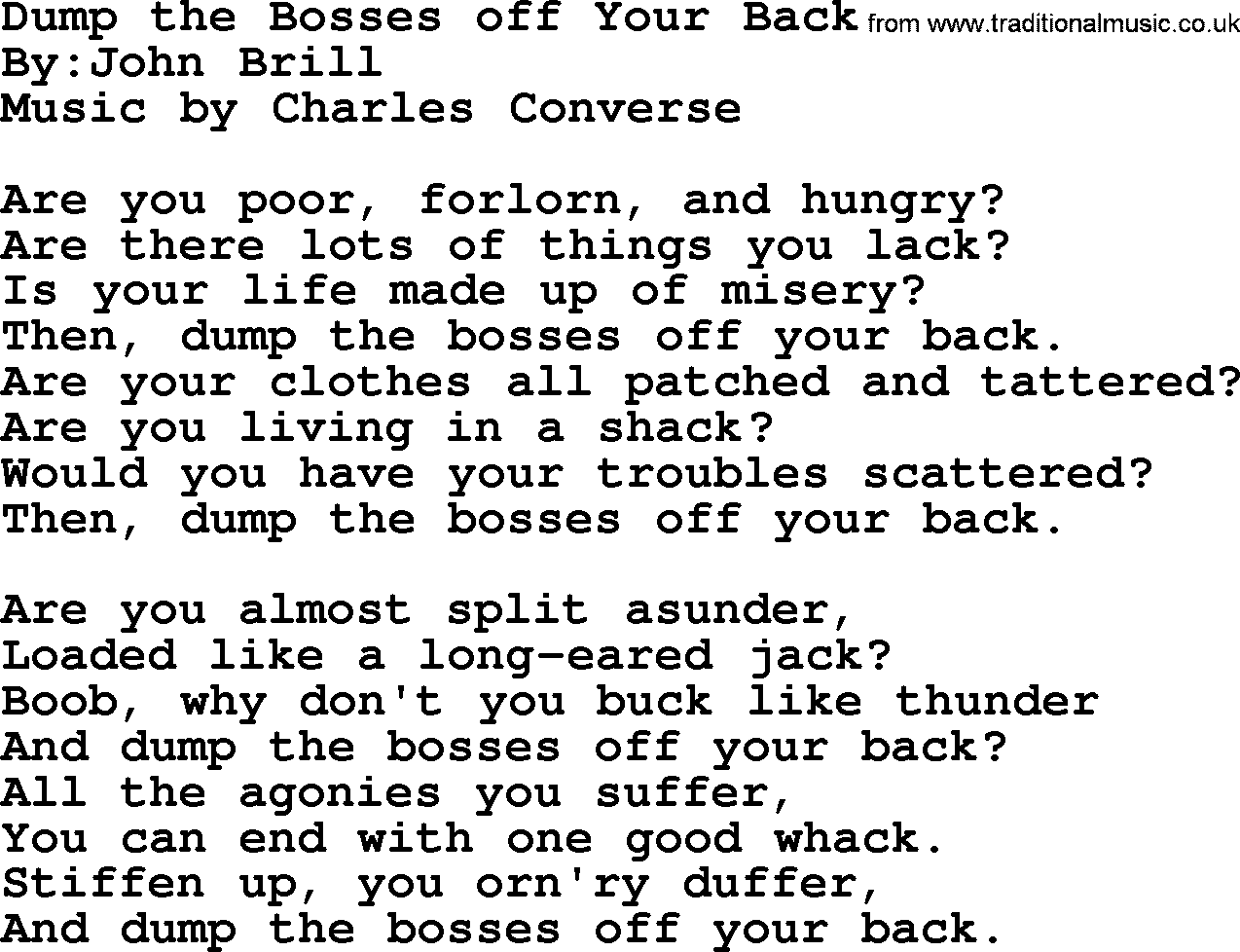 Political, Solidarity, Workers or Union song: Dump The Bosses Off Your Back, lyrics