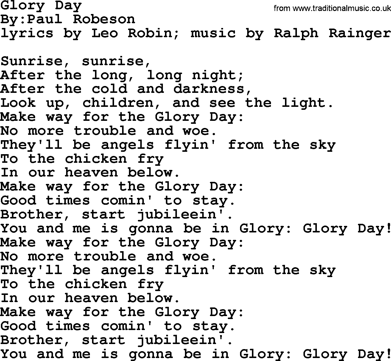 Political, Solidarity, Workers or Union song: Glory Day, lyrics
