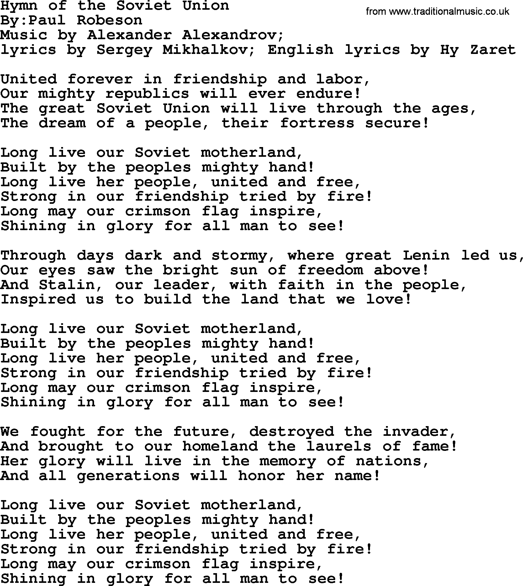 Political, Solidarity, Workers or Union song: Hymn Of The Soviet Union, lyrics