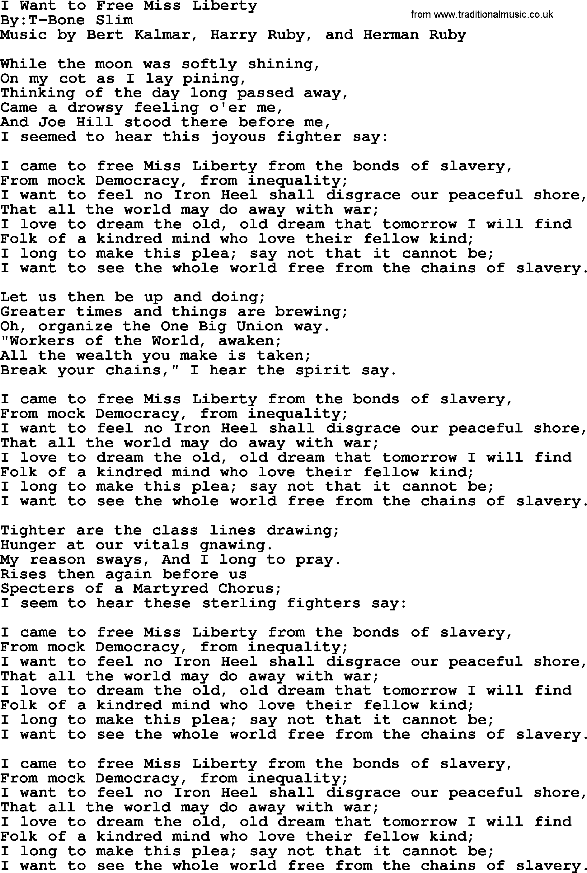 Political, Solidarity, Workers or Union song: I Want To Free Miss Liberty, lyrics