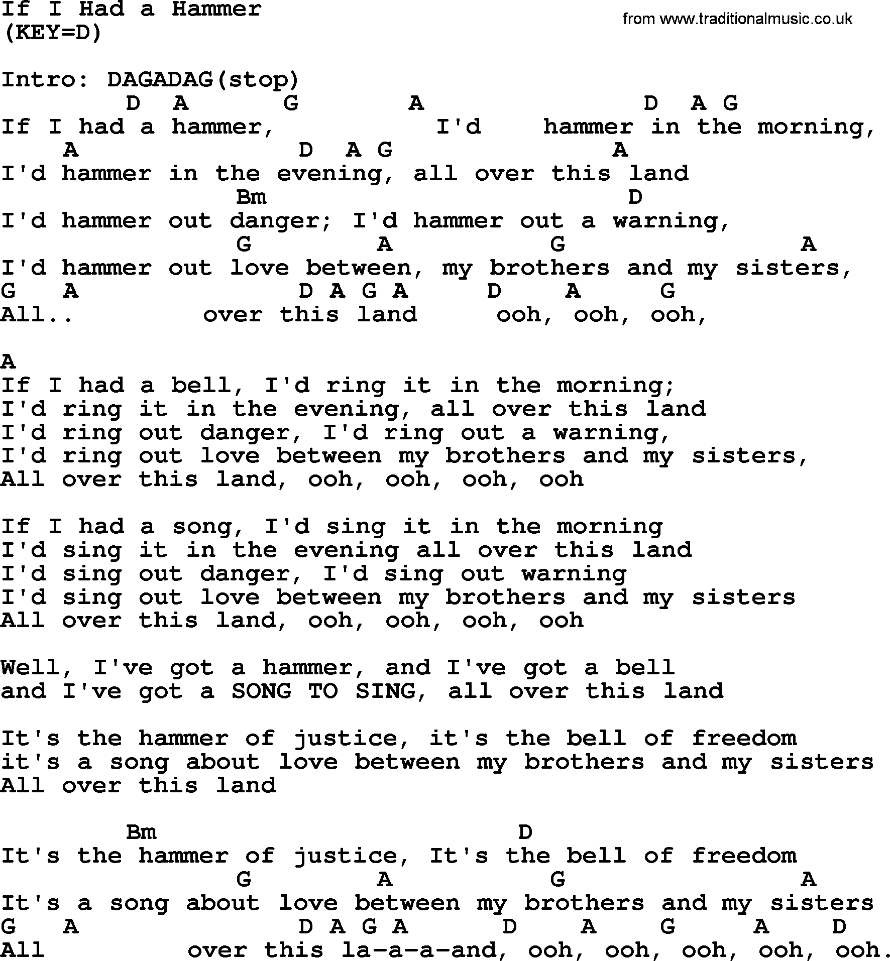 Political, Solidarity, Workers or Union song: If I Had A Hammer, lyrics and chords