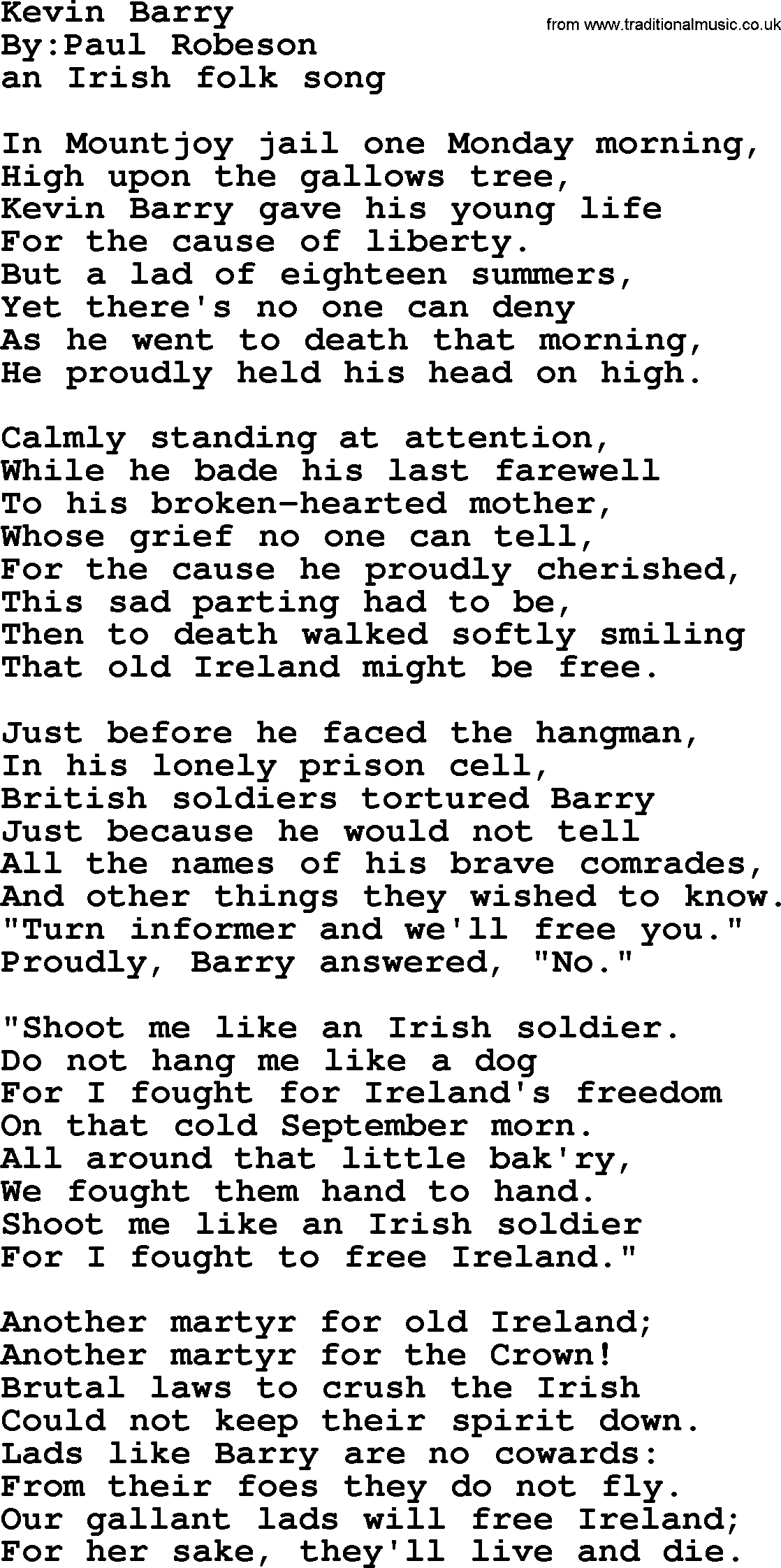 Political, Solidarity, Workers or Union song: Kevin Barry, lyrics