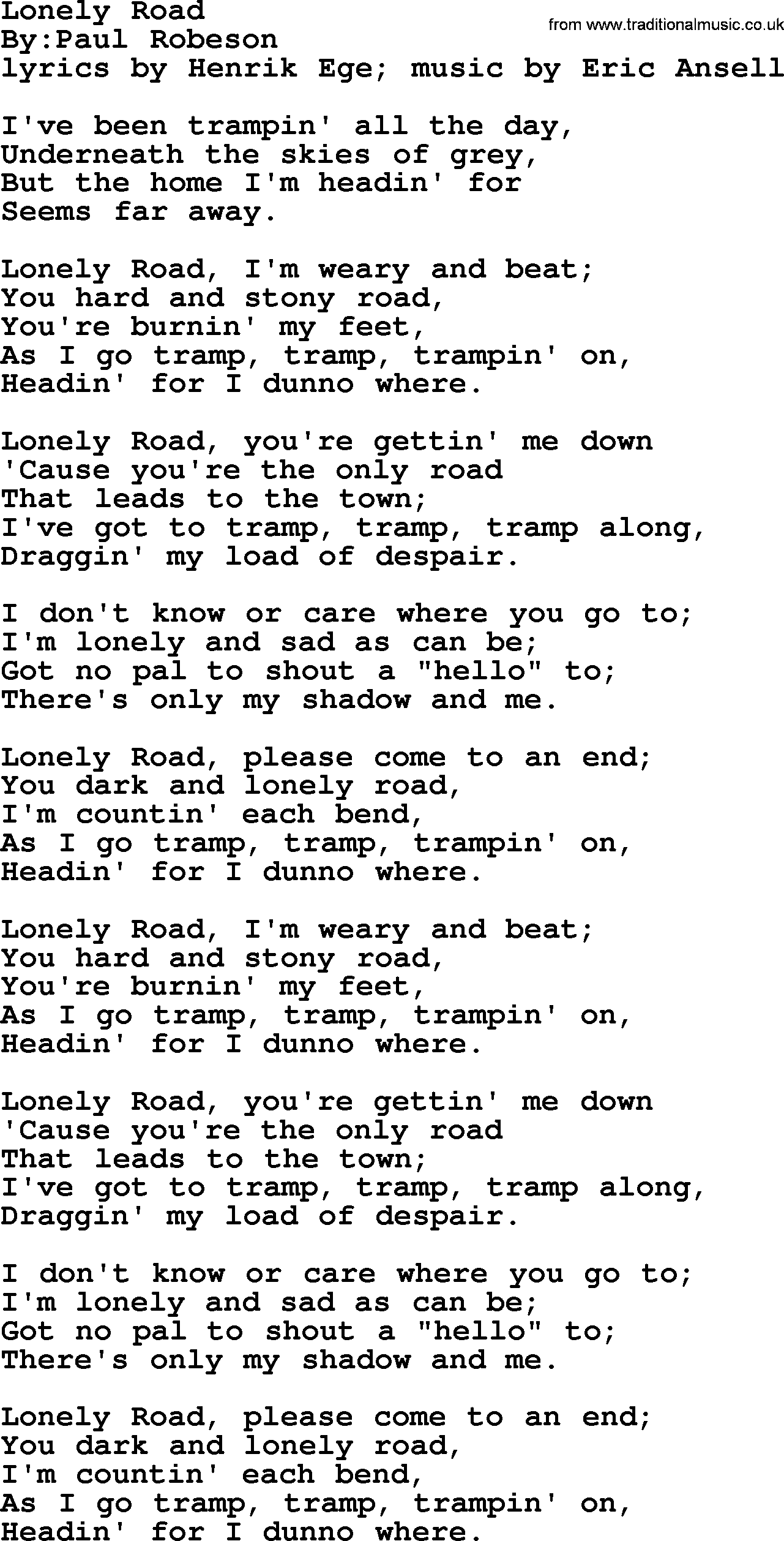 Political, Solidarity, Workers or Union song: Lonely Road, lyrics