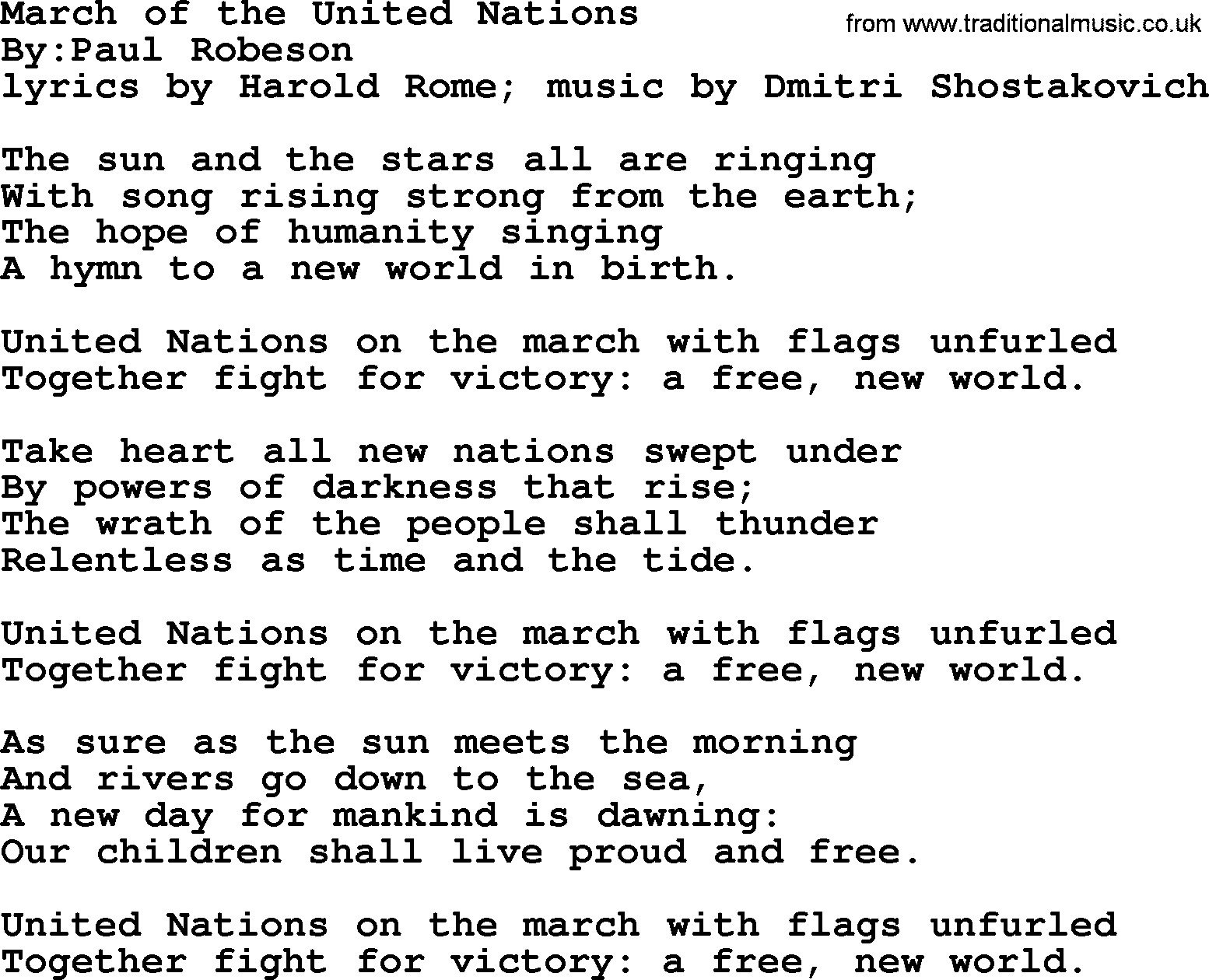 Political, Solidarity, Workers or Union song: March Of The United Nations, lyrics