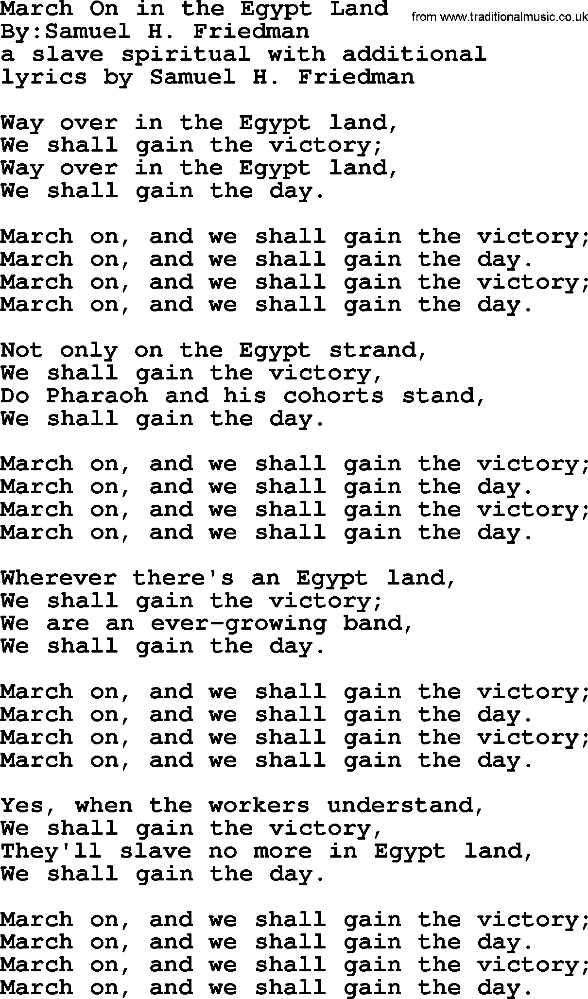 Political, Solidarity, Workers or Union song: March On In The Egypt Land, lyrics