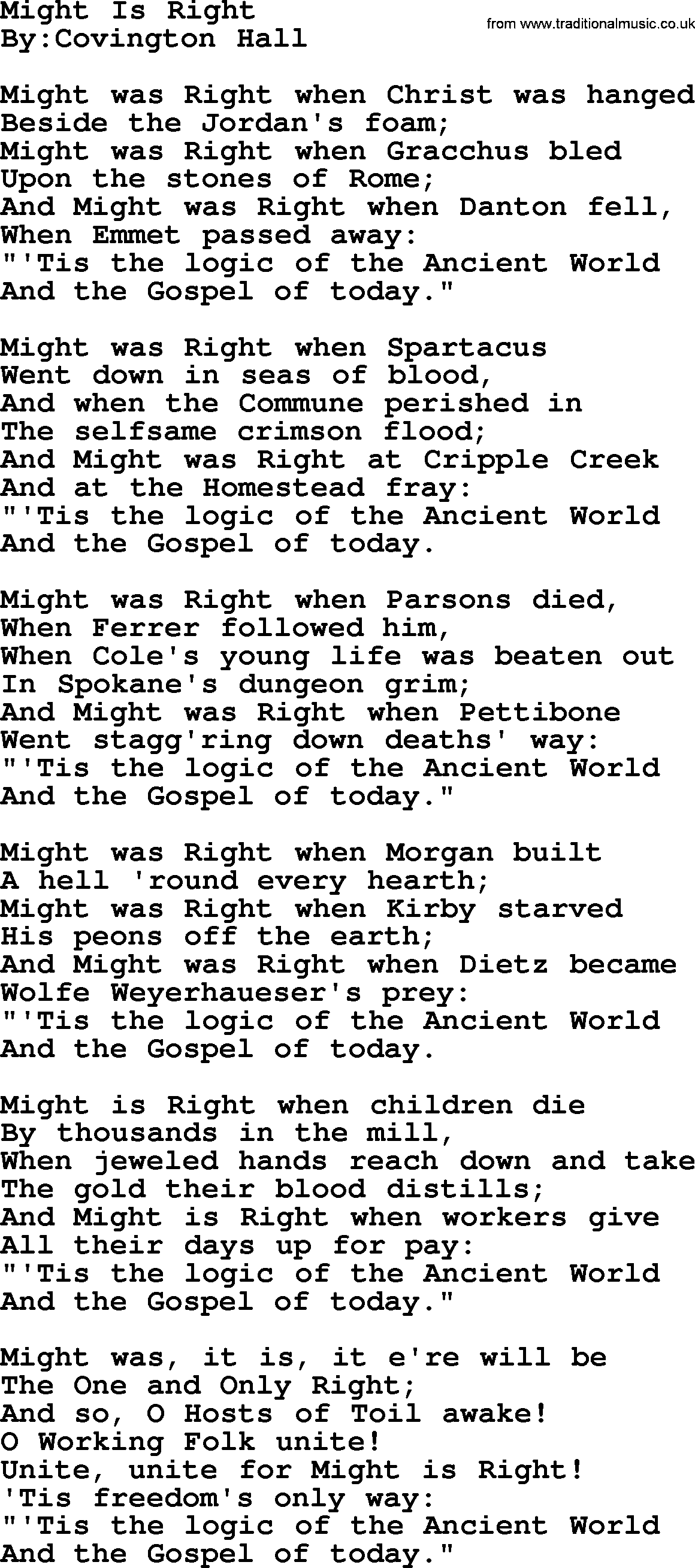 Political, Solidarity, Workers or Union song: Might Is Right, lyrics