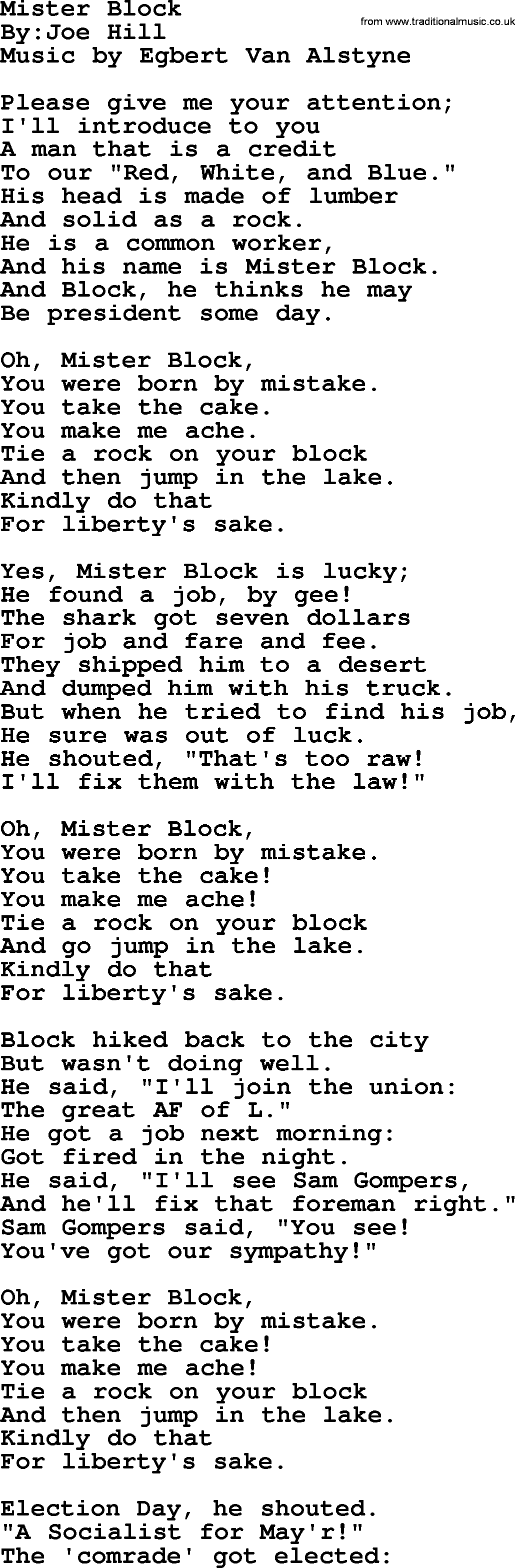 Political, Solidarity, Workers or Union song: Mister Block, lyrics