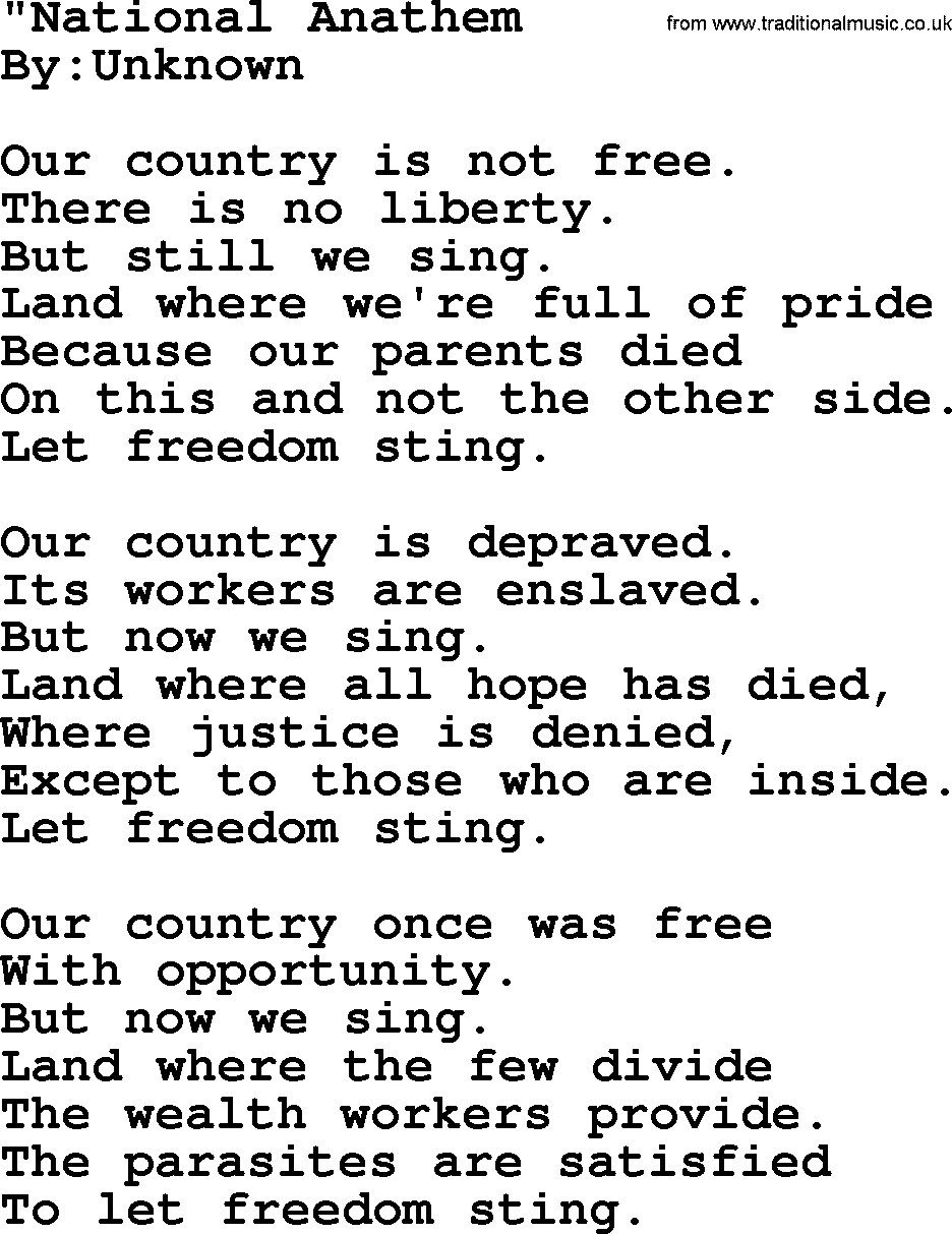 Political, Solidarity, Workers or Union song: National Anathem, lyrics