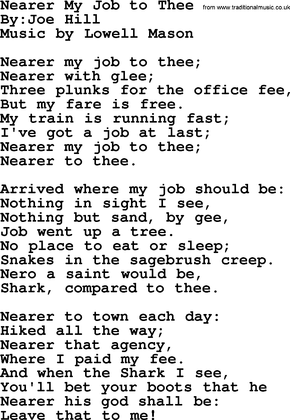 Political, Solidarity, Workers or Union song: Nearer My Job To Thee, lyrics