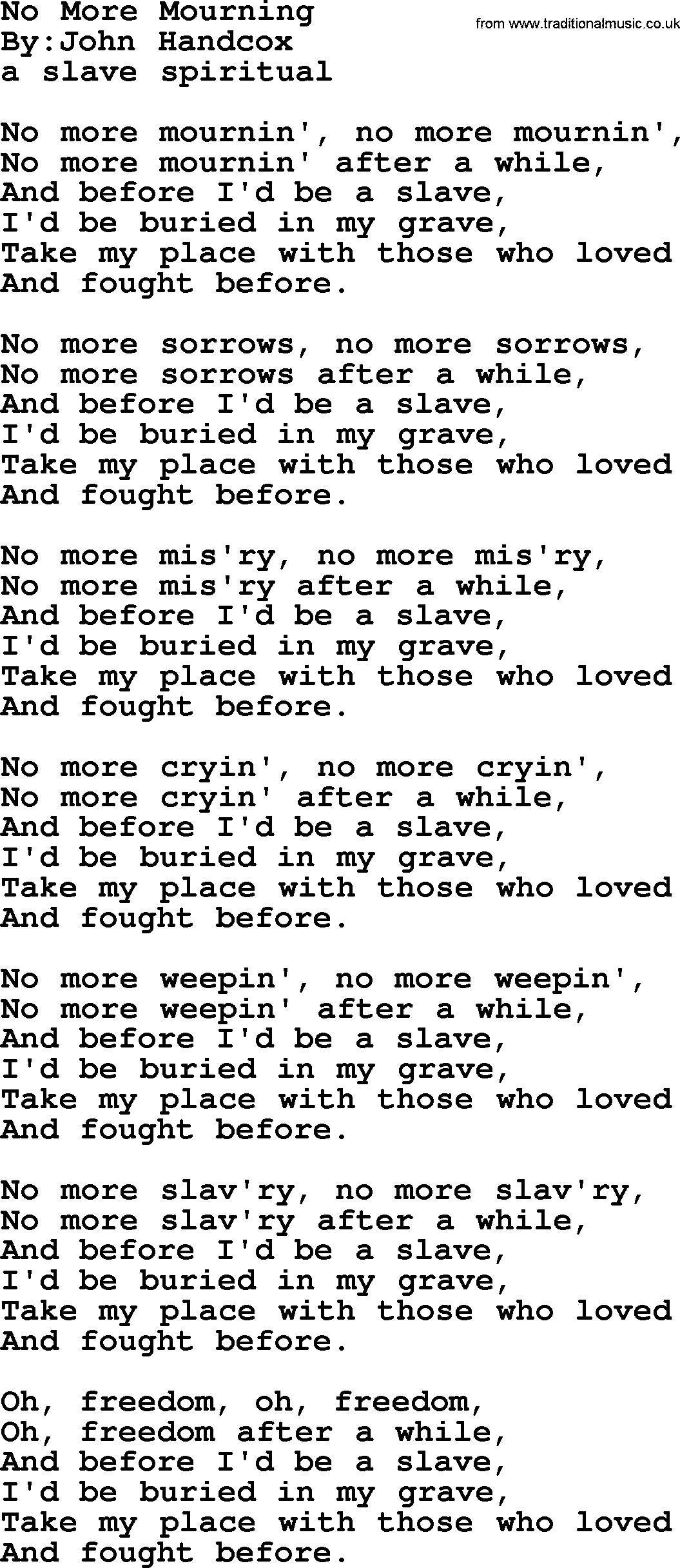 Political, Solidarity, Workers or Union song: No More Mourning, lyrics