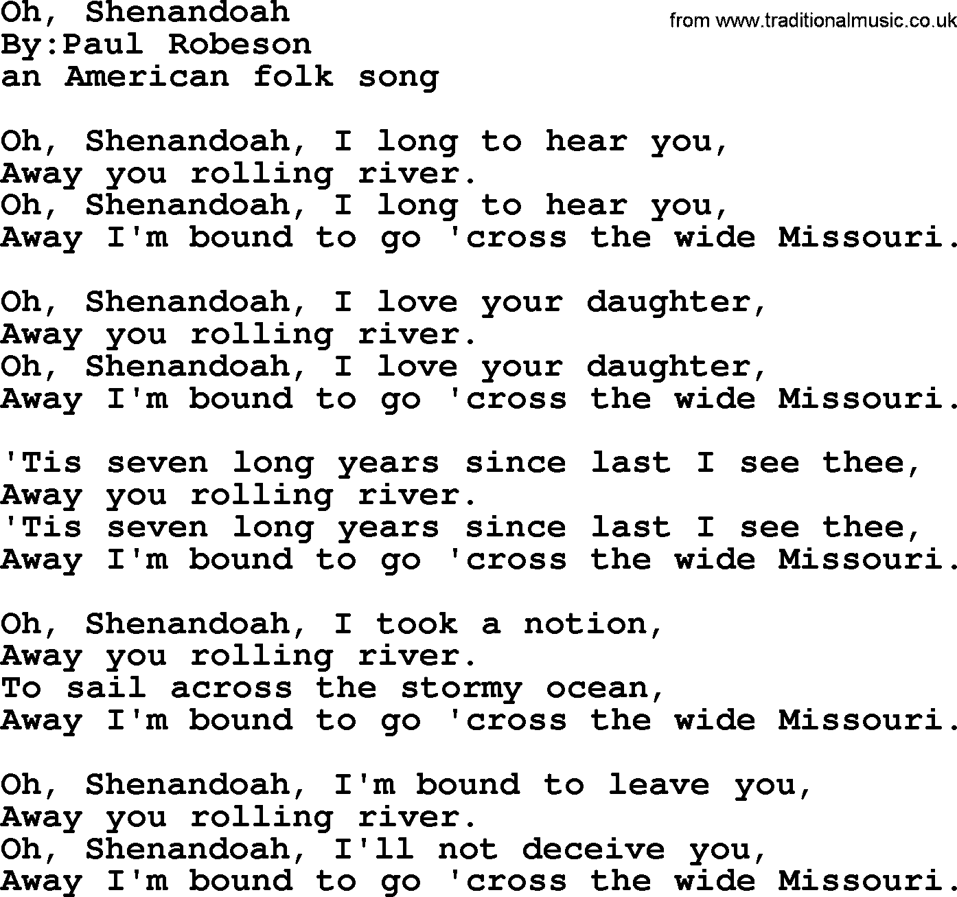 Political, Solidarity, Workers or Union song: Oh Shenandoah, lyrics