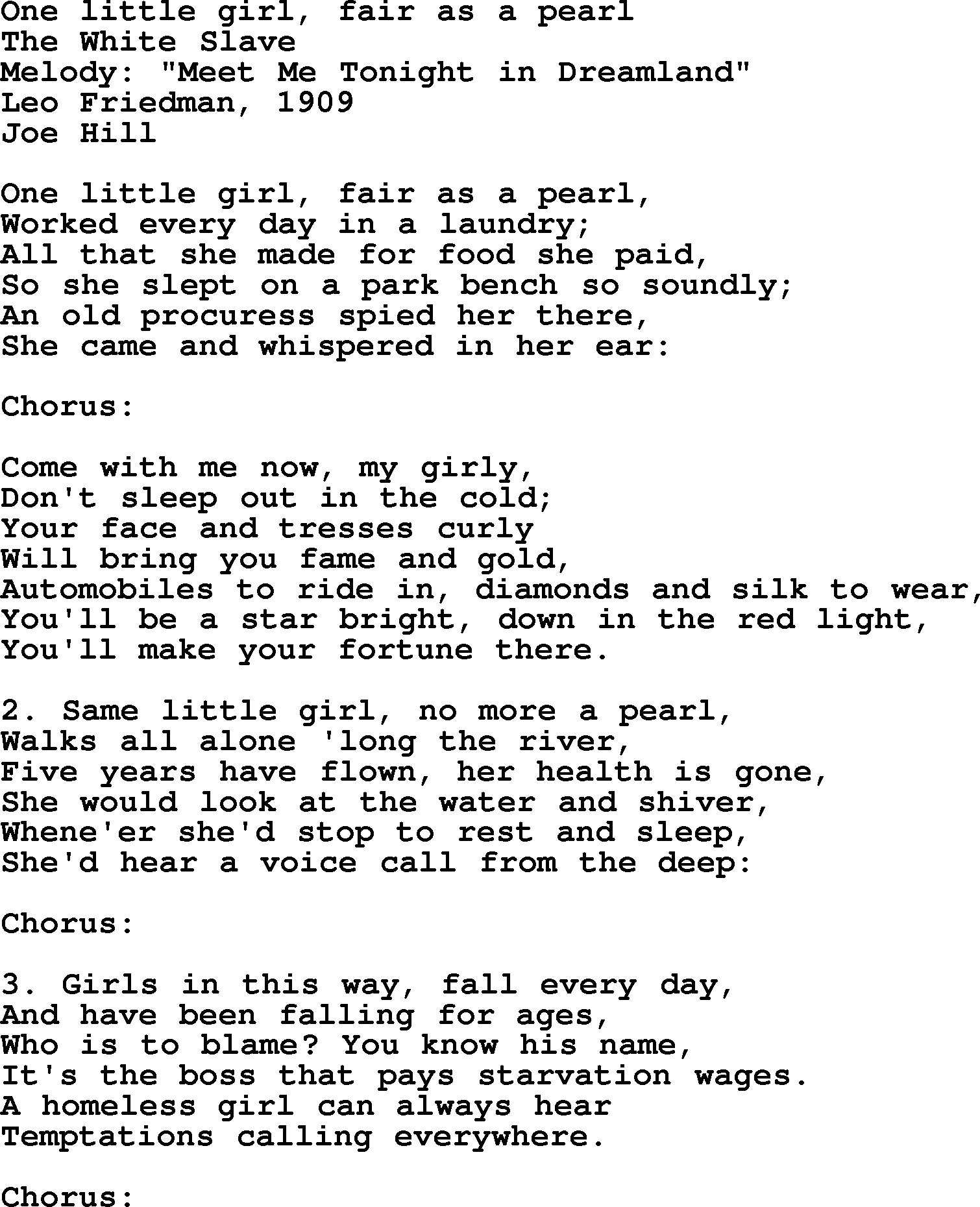 Political, Solidarity, Workers or Union song: One Little Girl Fair As A Pearl, lyrics
