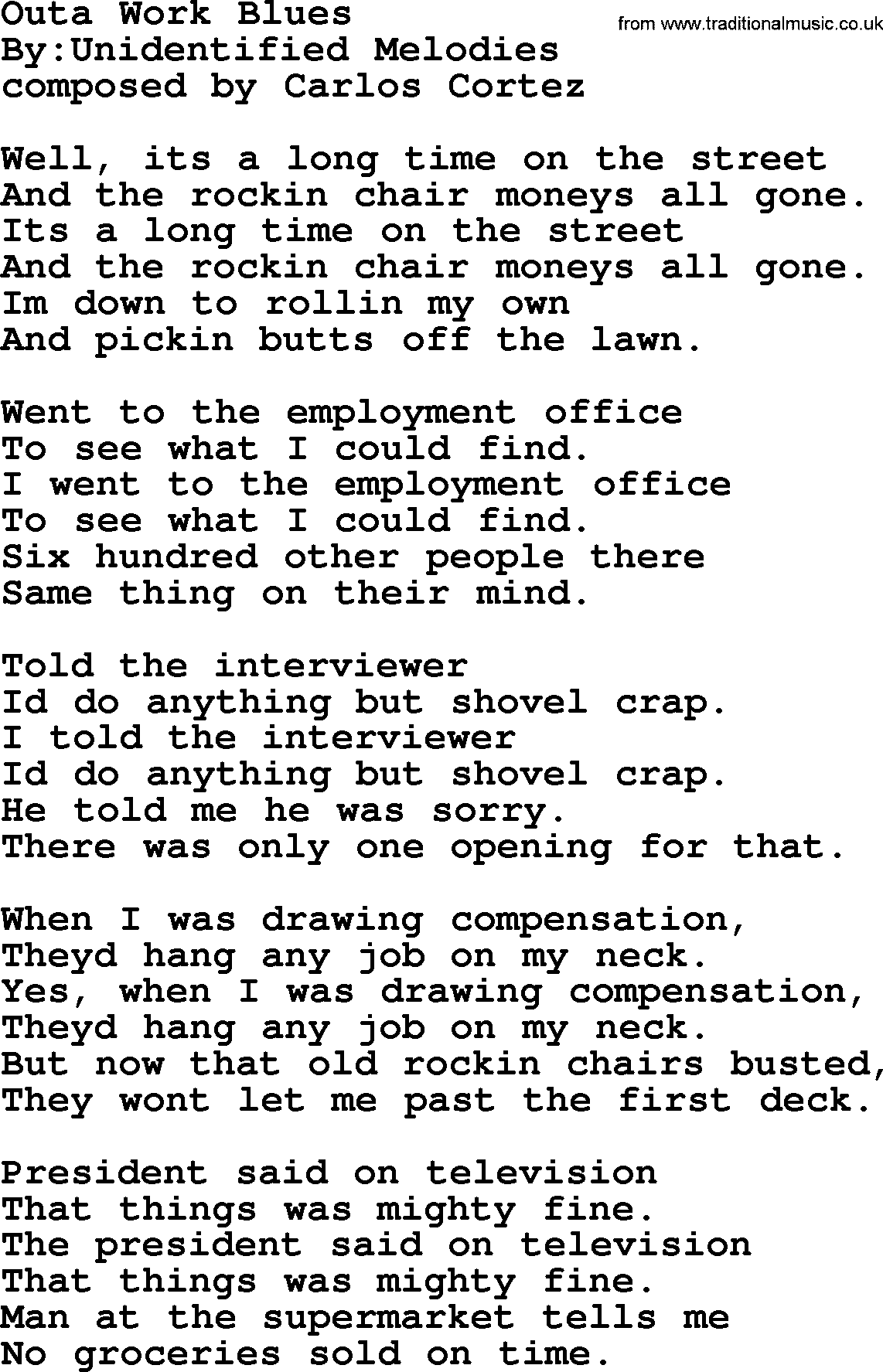 Political, Solidarity, Workers or Union song: Outa Work Blues, lyrics
