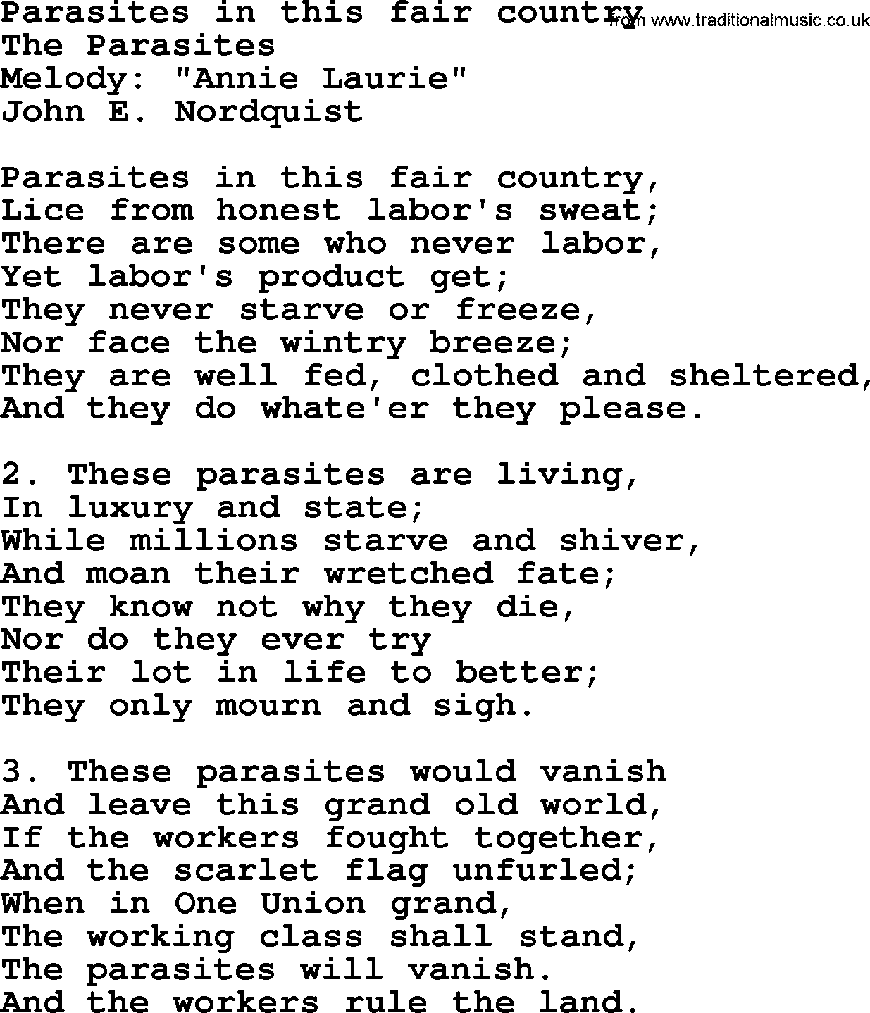 Political, Solidarity, Workers or Union song: Parasites In This Fair Country, lyrics