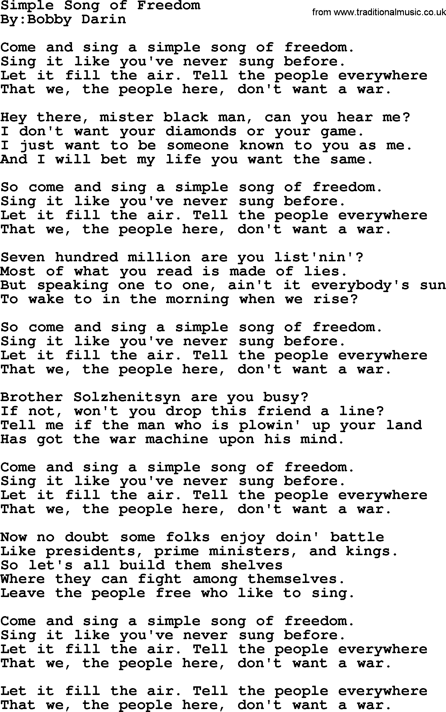 Political, Solidarity, Workers or Union song: Simple Song Of Freedom, lyrics