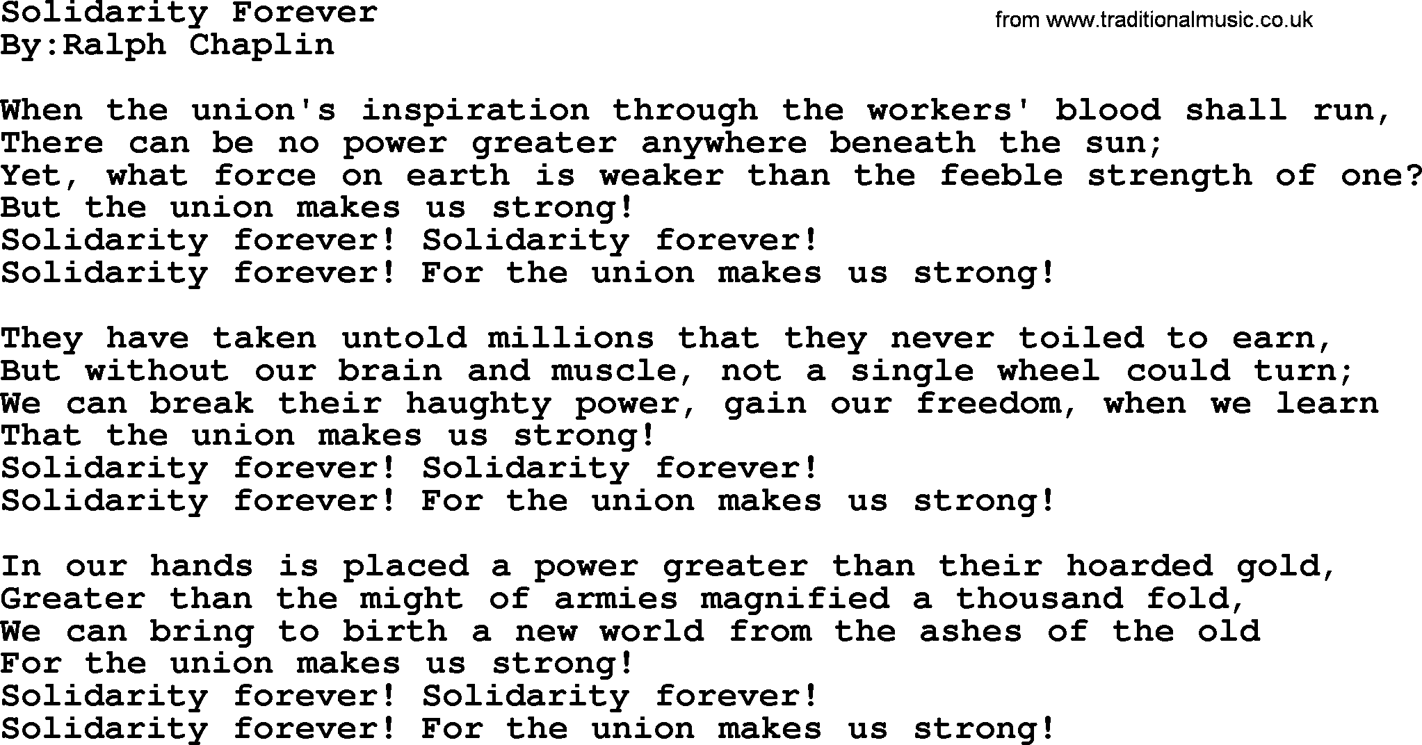 Political, Solidarity, Workers or Union song: Solidarity Forever, lyrics