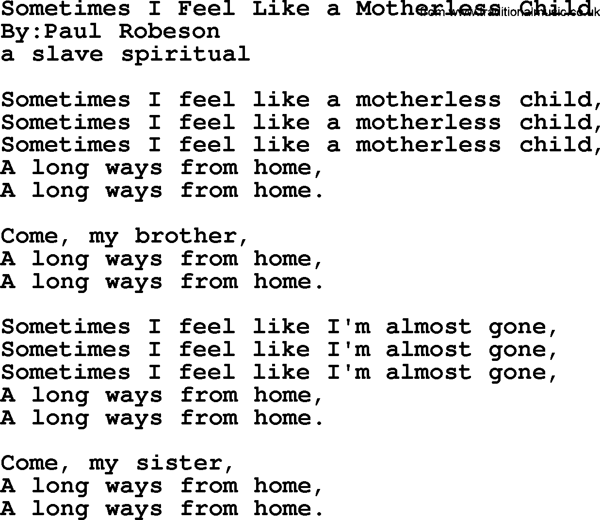 Political, Solidarity, Workers or Union song: Sometimes I Feel Like A Motherless Child, lyrics
