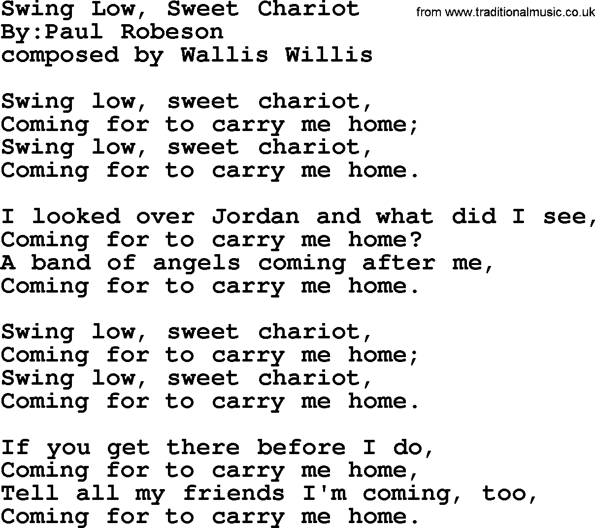 Political, Solidarity, Workers or Union song: Swing Low Sweet Chariot, lyrics