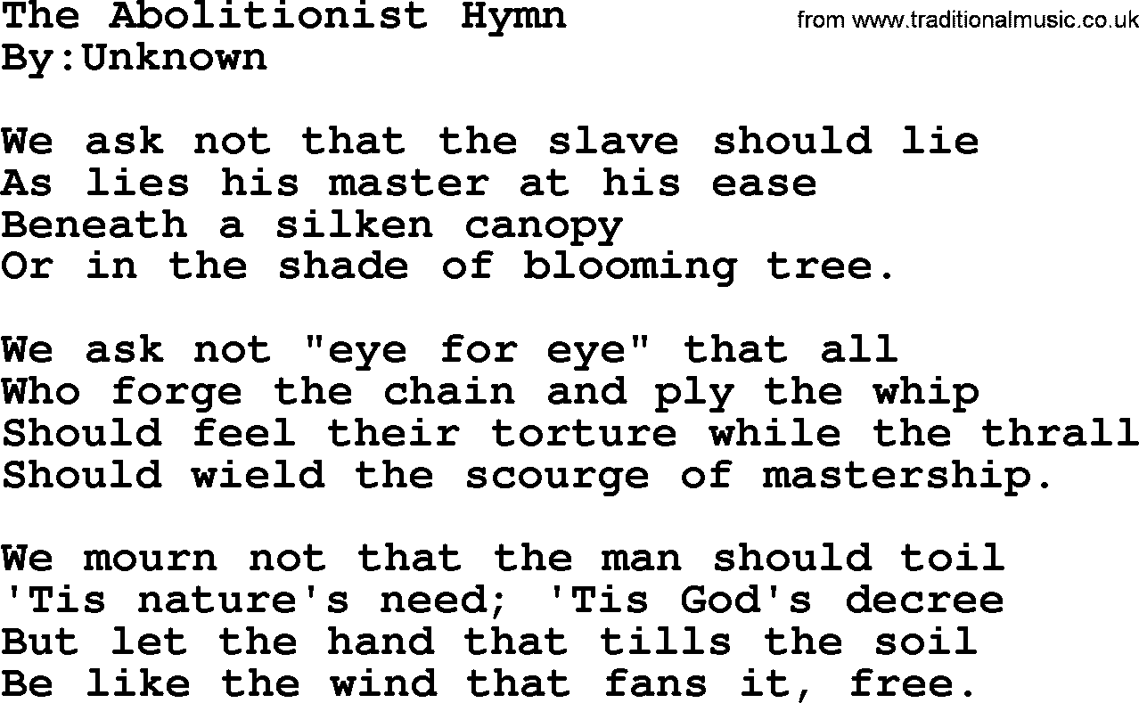 Political, Solidarity, Workers or Union song: The Abolitionist Hymn, lyrics