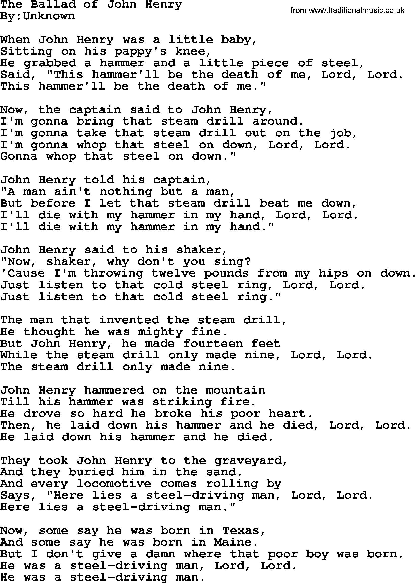 Political, Solidarity, Workers or Union song: The Ballad Of John Henry, lyrics