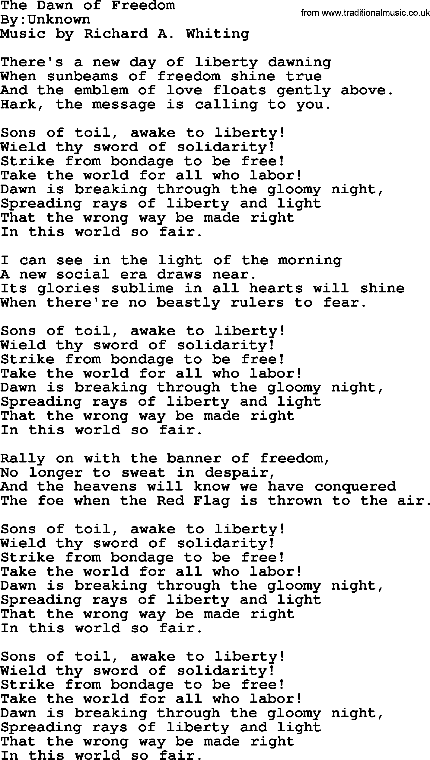 Political, Solidarity, Workers or Union song: The Dawn Of Freedom, lyrics