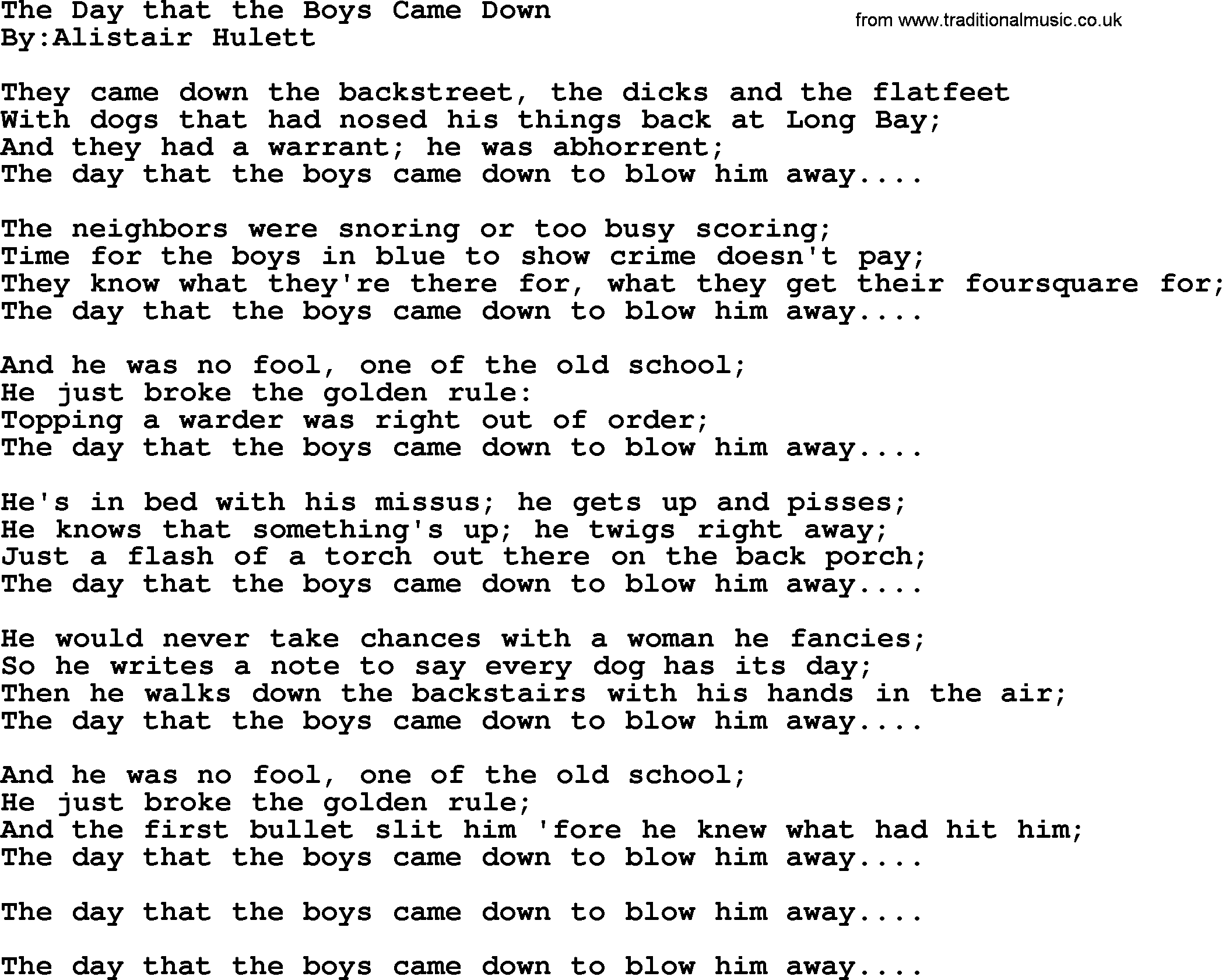 Political, Solidarity, Workers or Union song: The Day That The Boys Came Down, lyrics