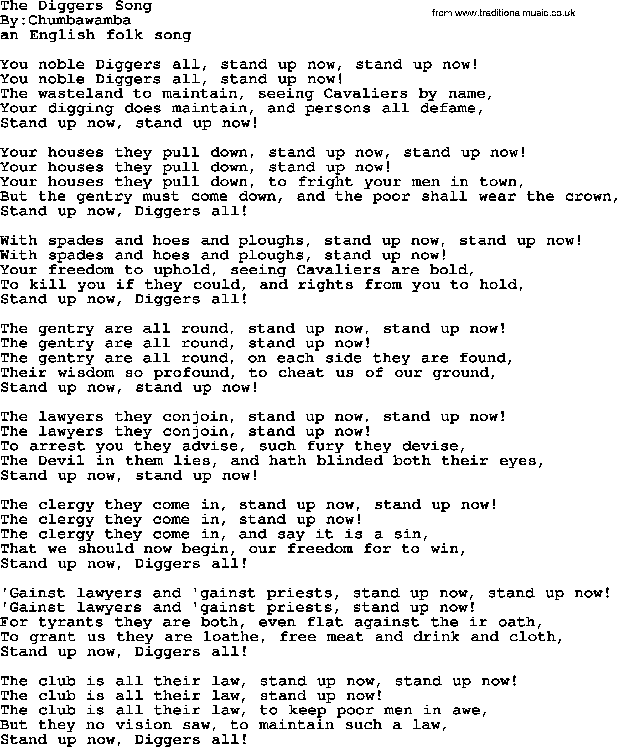 Political, Solidarity, Workers or Union song: The Diggers Song, lyrics