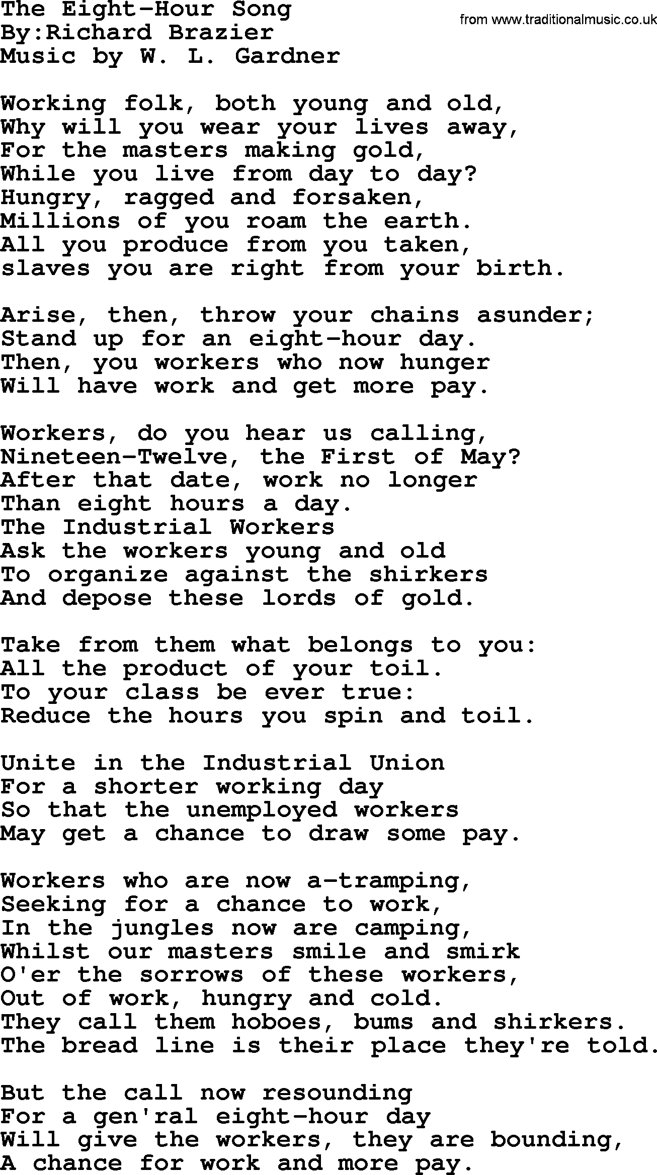 Political, Solidarity, Workers or Union song: The Eight-hour Song, lyrics