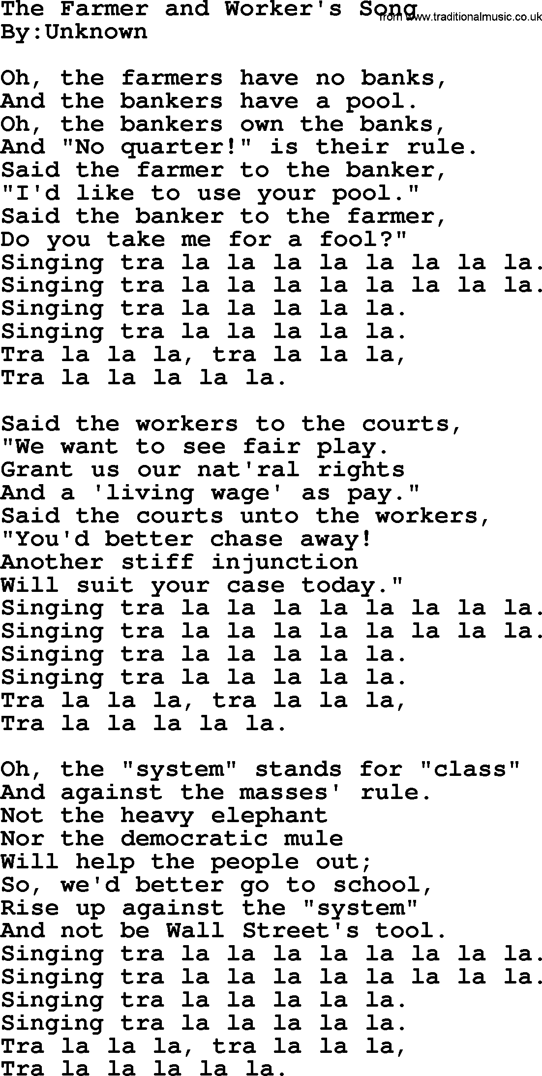 Political, Solidarity, Workers or Union song: The Farmer And Workers Song, lyrics