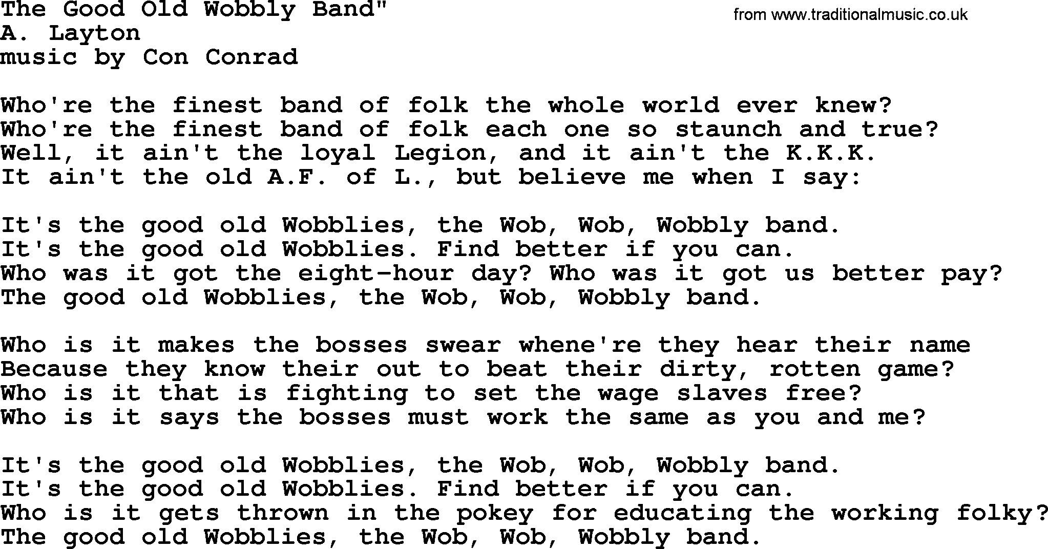 Political, Solidarity, Workers or Union song: The Good Old Wobbly Band, lyrics