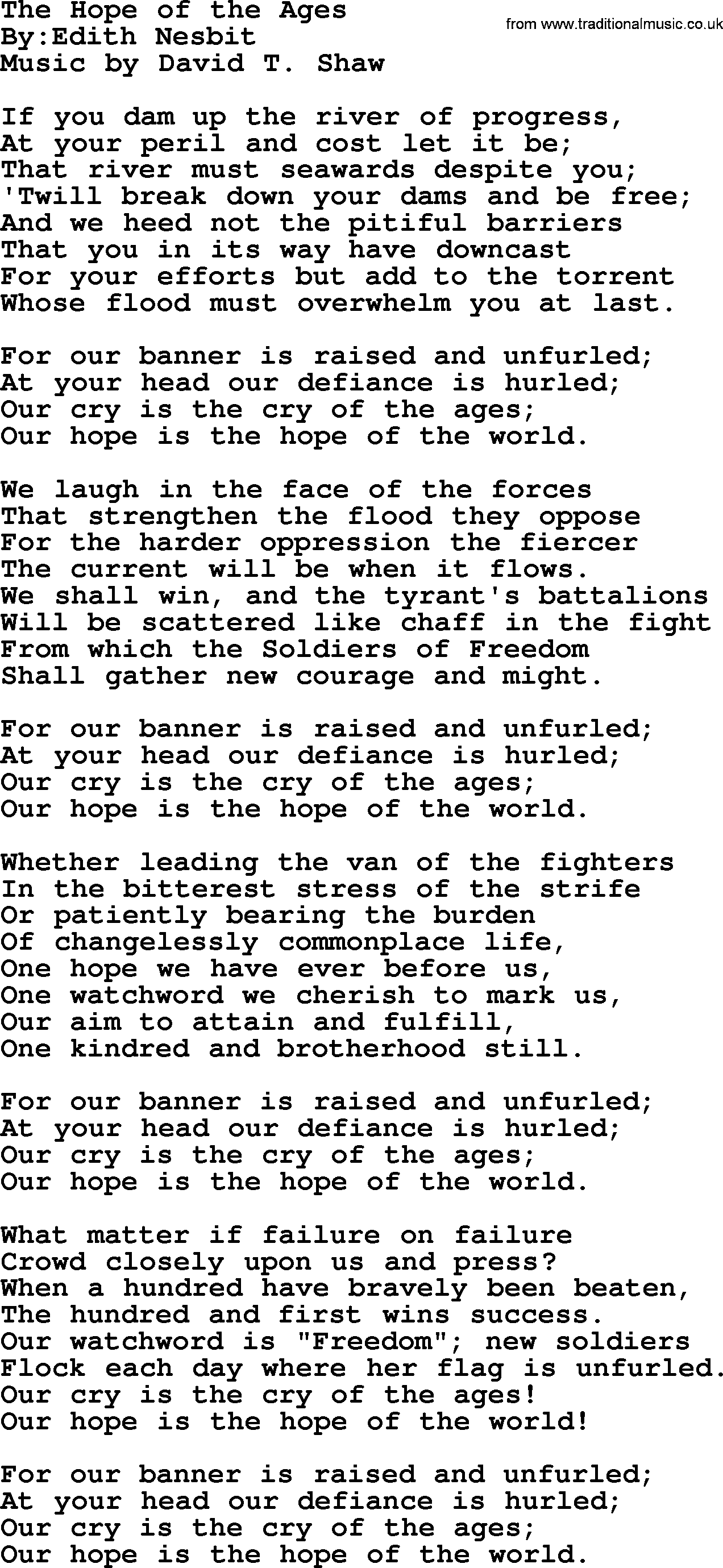 Political, Solidarity, Workers or Union song: The Hope Of The Ages, lyrics