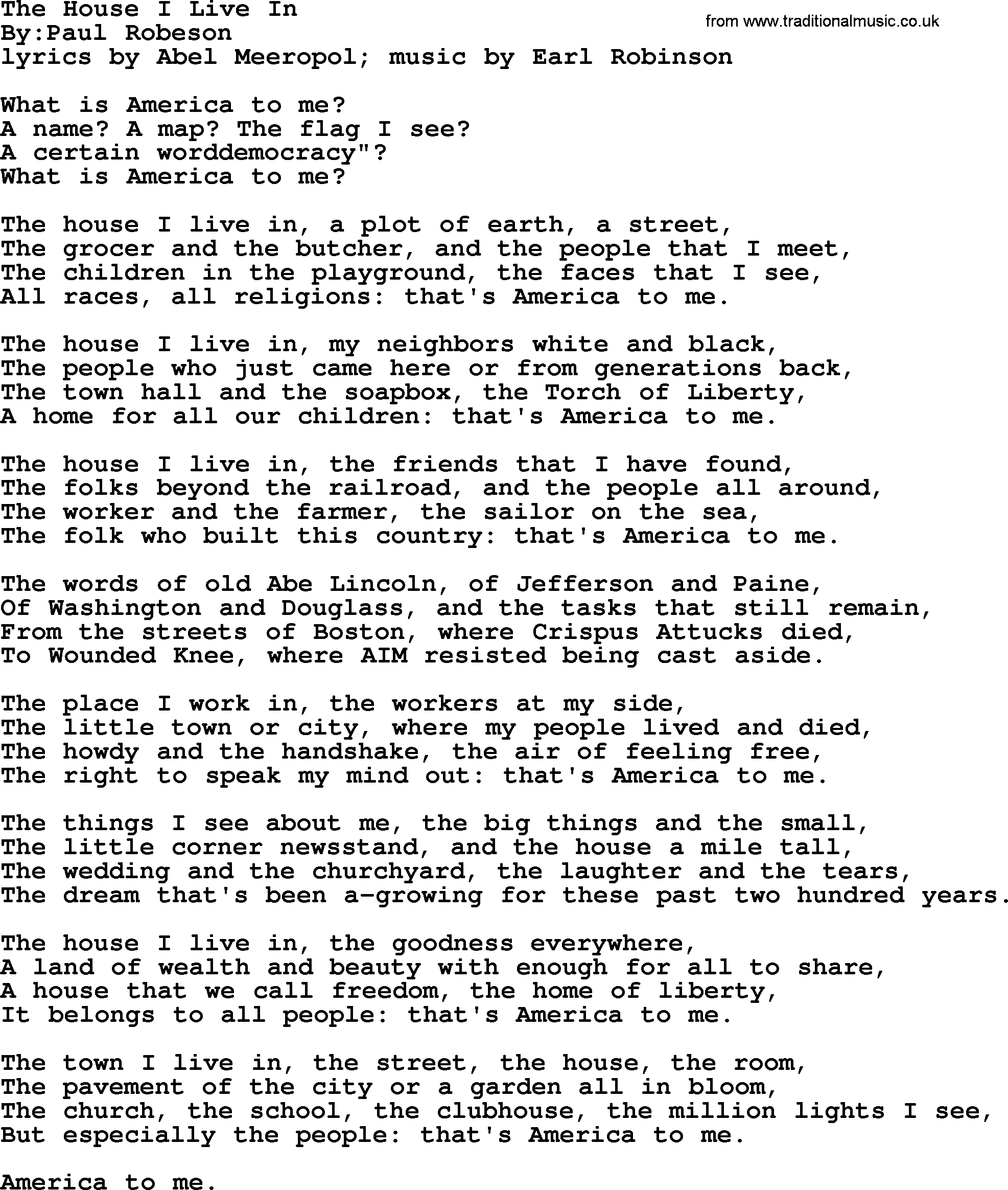 Political, Solidarity, Workers or Union song: The House I Live In, lyrics