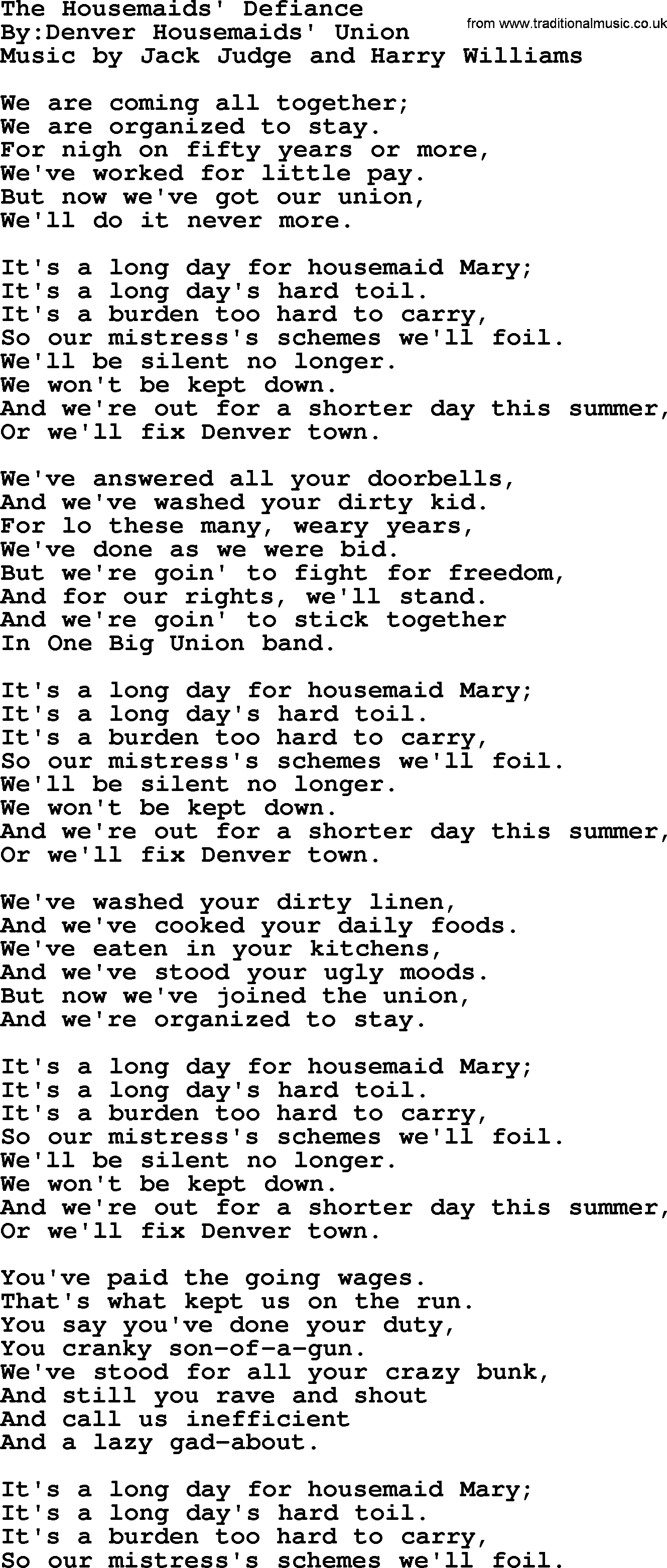 Political, Solidarity, Workers or Union song: The Housemaids Defiance, lyrics