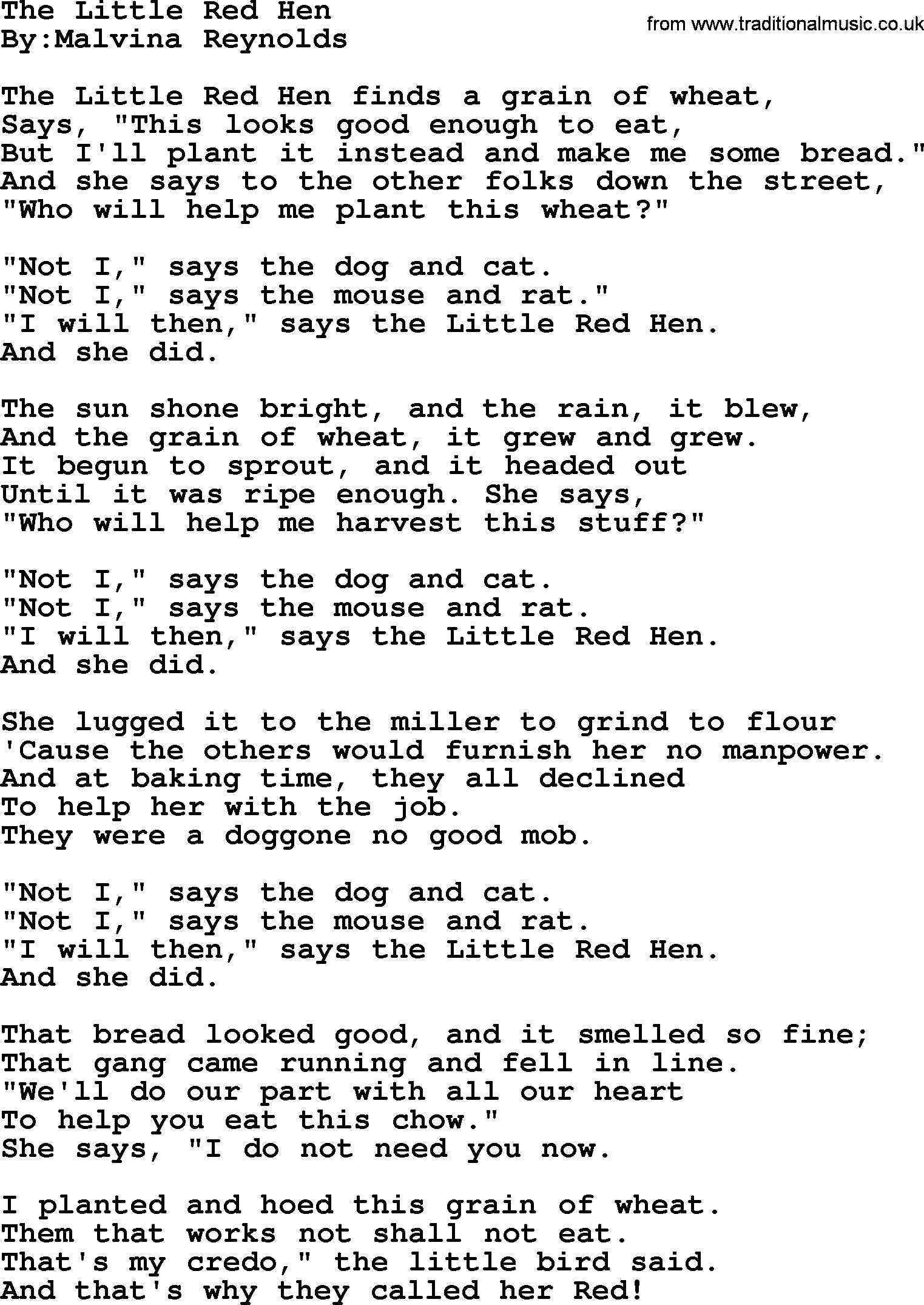 Political, Solidarity, Workers or Union song: The Little Red Hen, lyrics