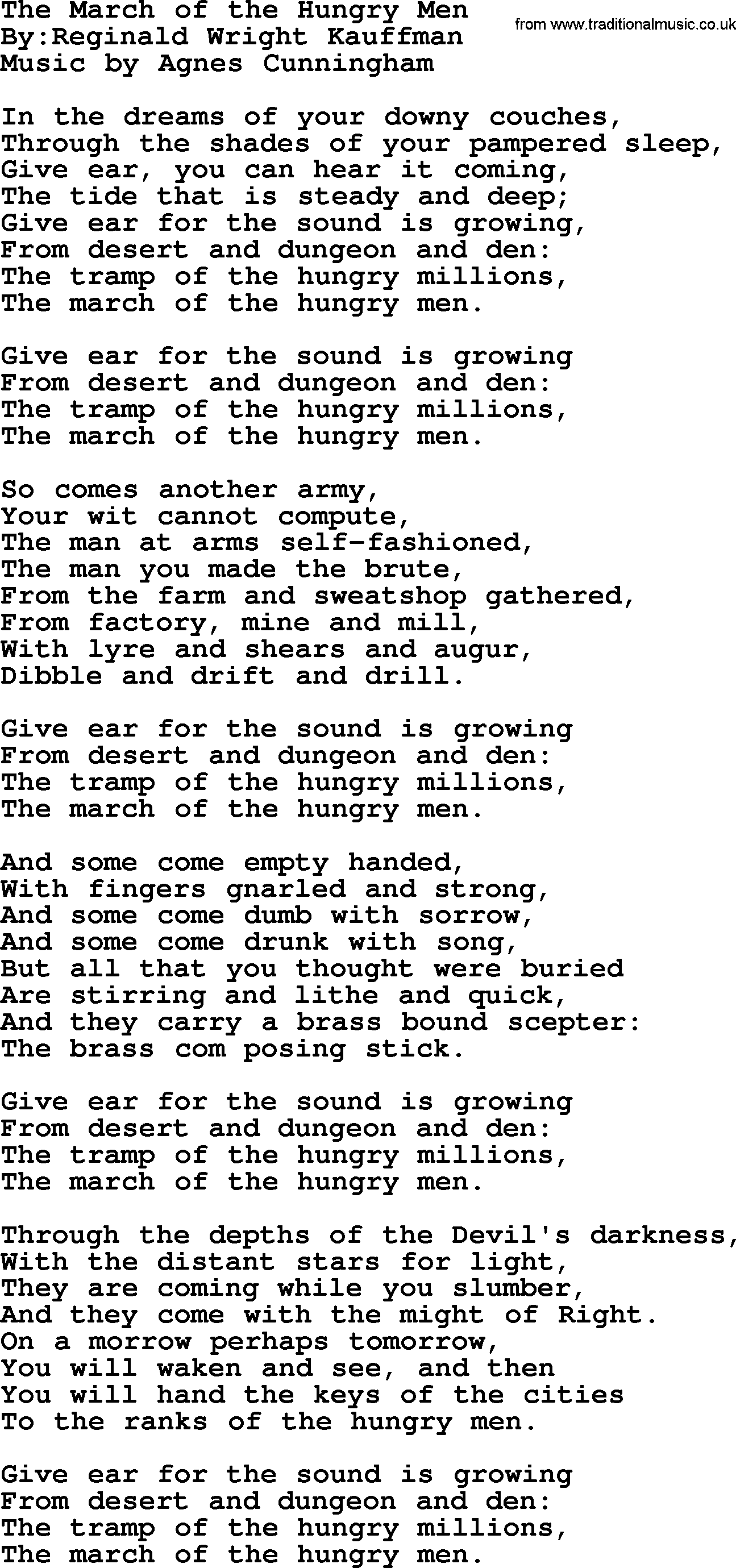 Political, Solidarity, Workers or Union song: The March Of The Hungry Men, lyrics