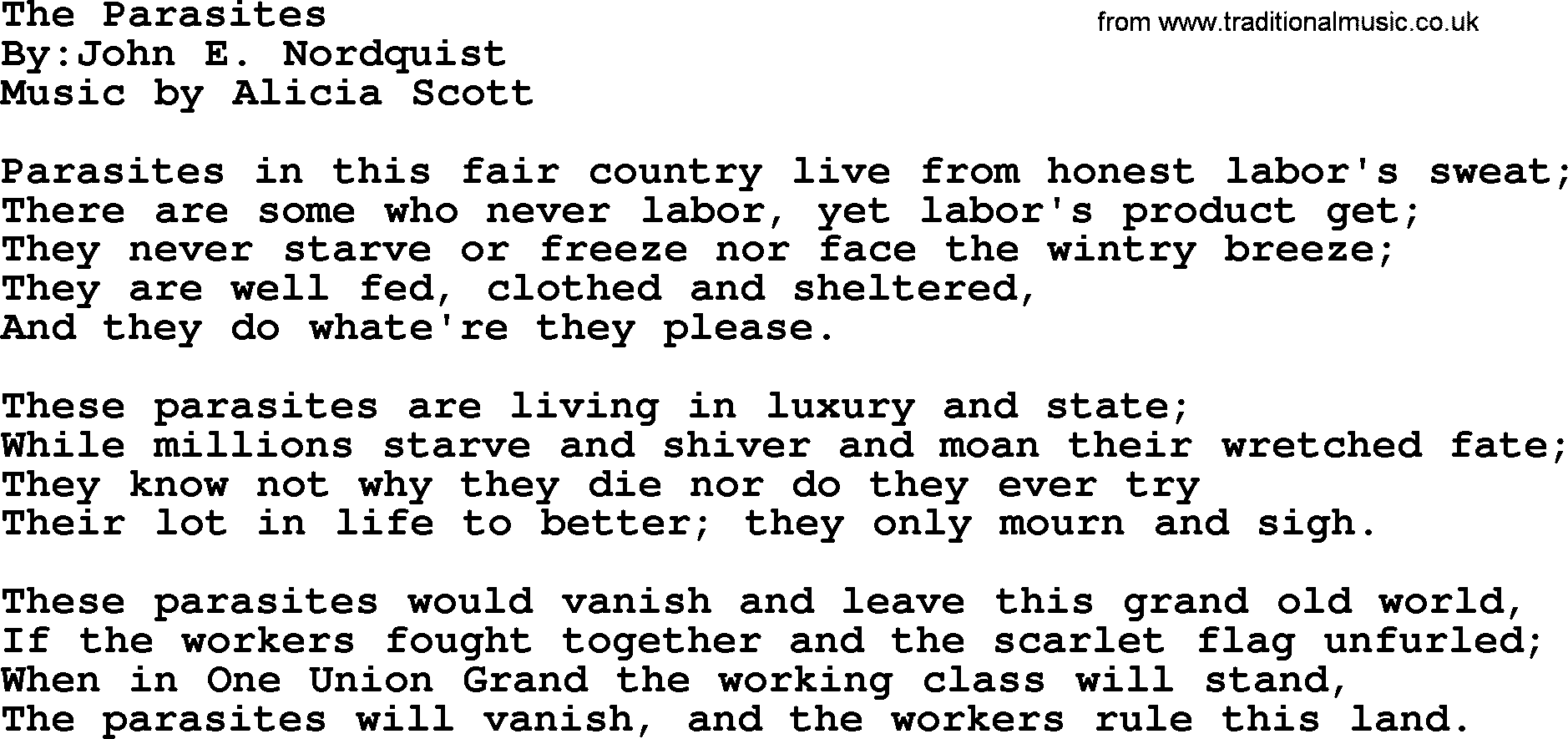 Political, Solidarity, Workers or Union song: The Parasites, lyrics